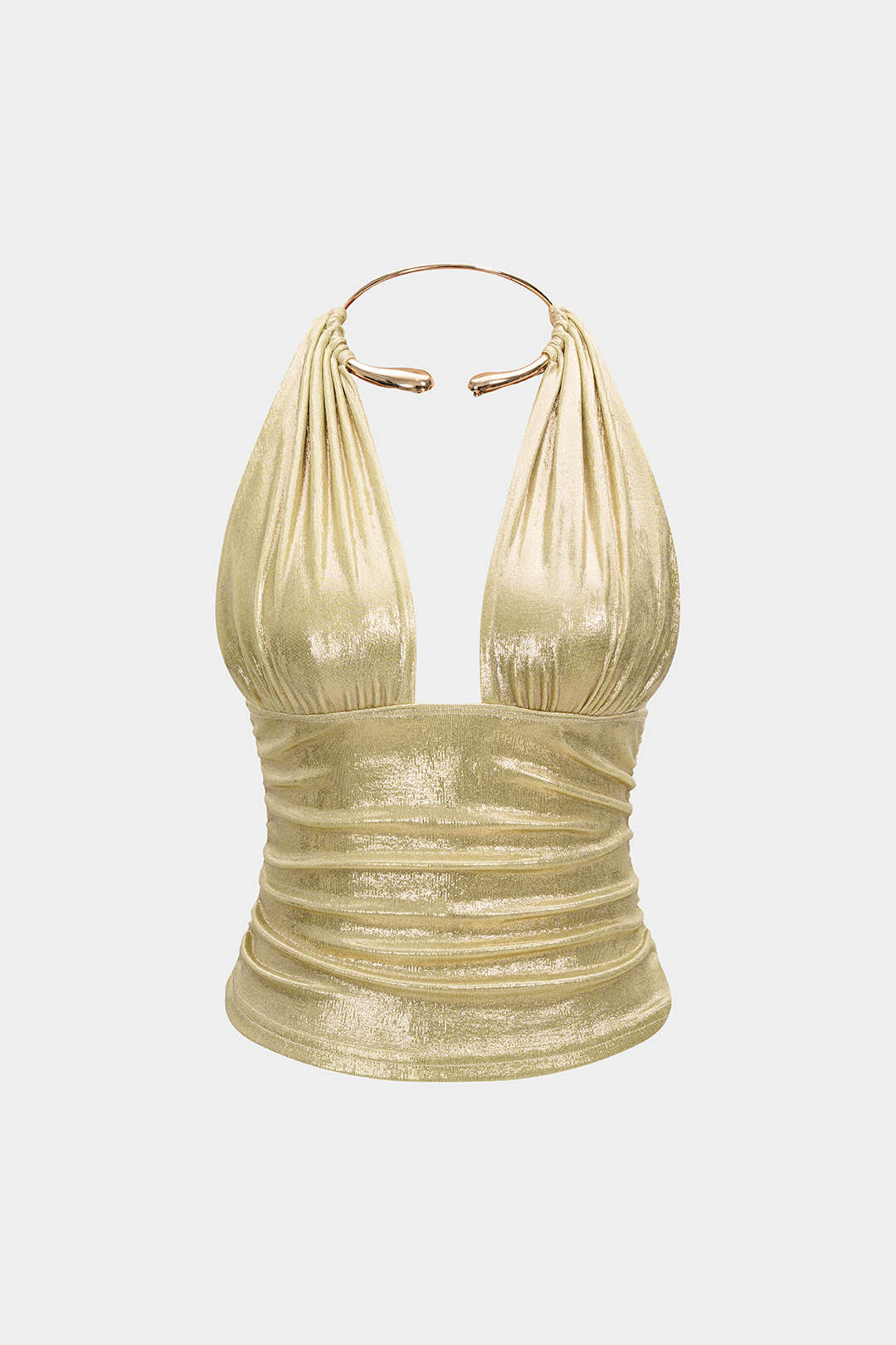 Metallic Ring Halter Backless Ruched Top