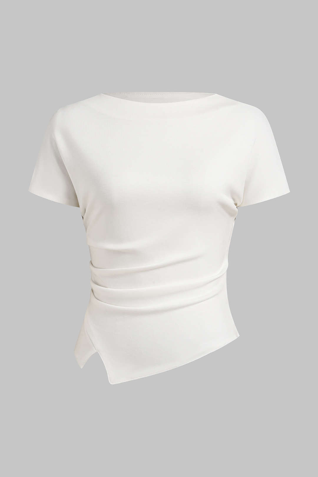 Solid Round Neck Asymmetrical Ruched Short Sleeve T-Shirt