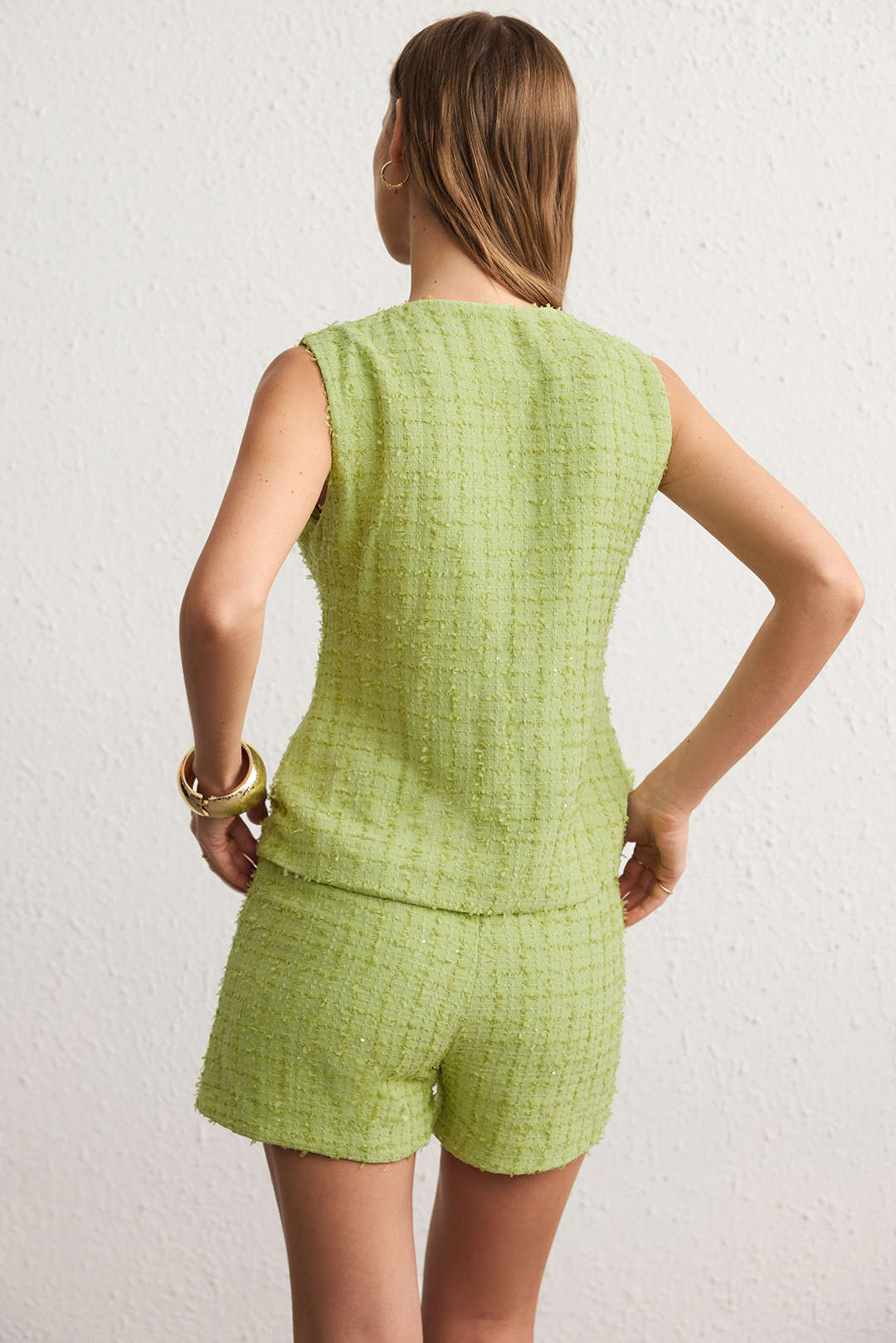 Textured Round Neck Button Vest And Shorts Set