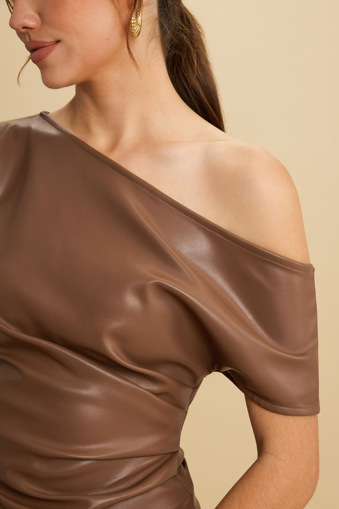 Faux Leather Asymmetrical Shoulder Ruched T-Shirt