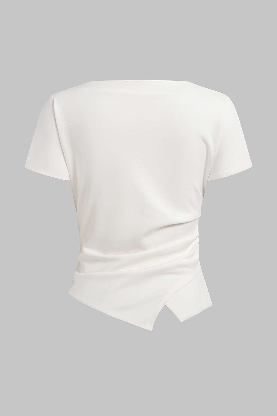 Solid Round Neck Asymmetrical Ruched Short Sleeve T-Shirt
