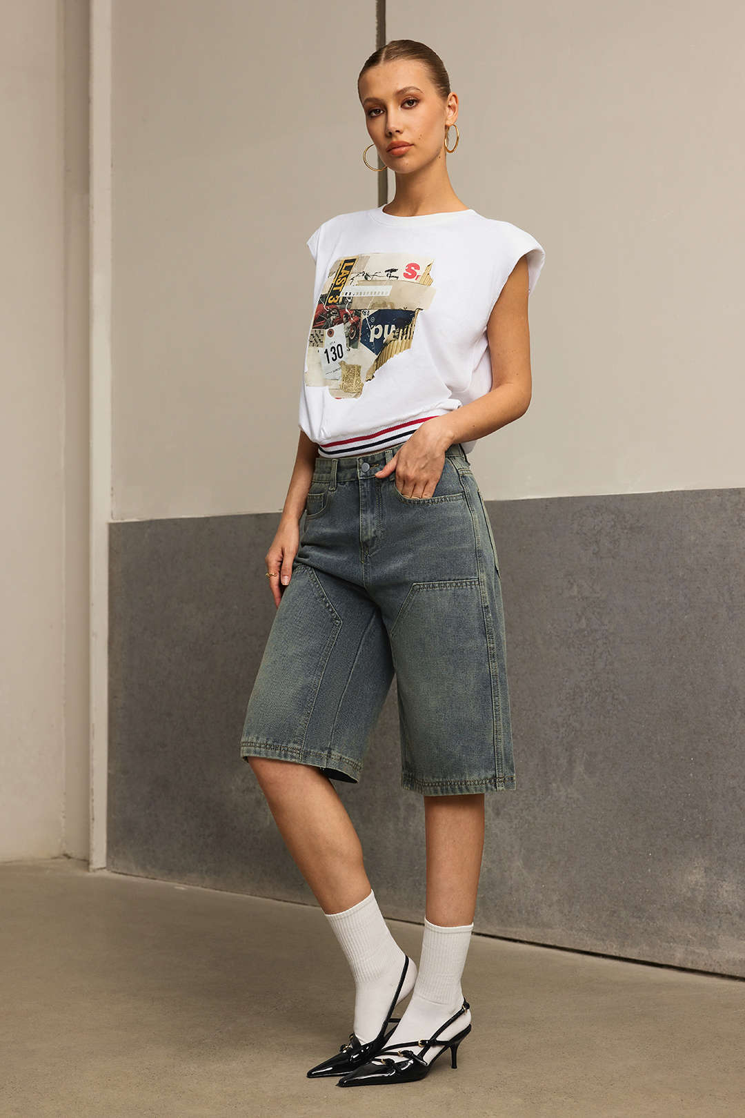 Car Letter Digital Pattern Print Loose Sleeveless T-Shirt