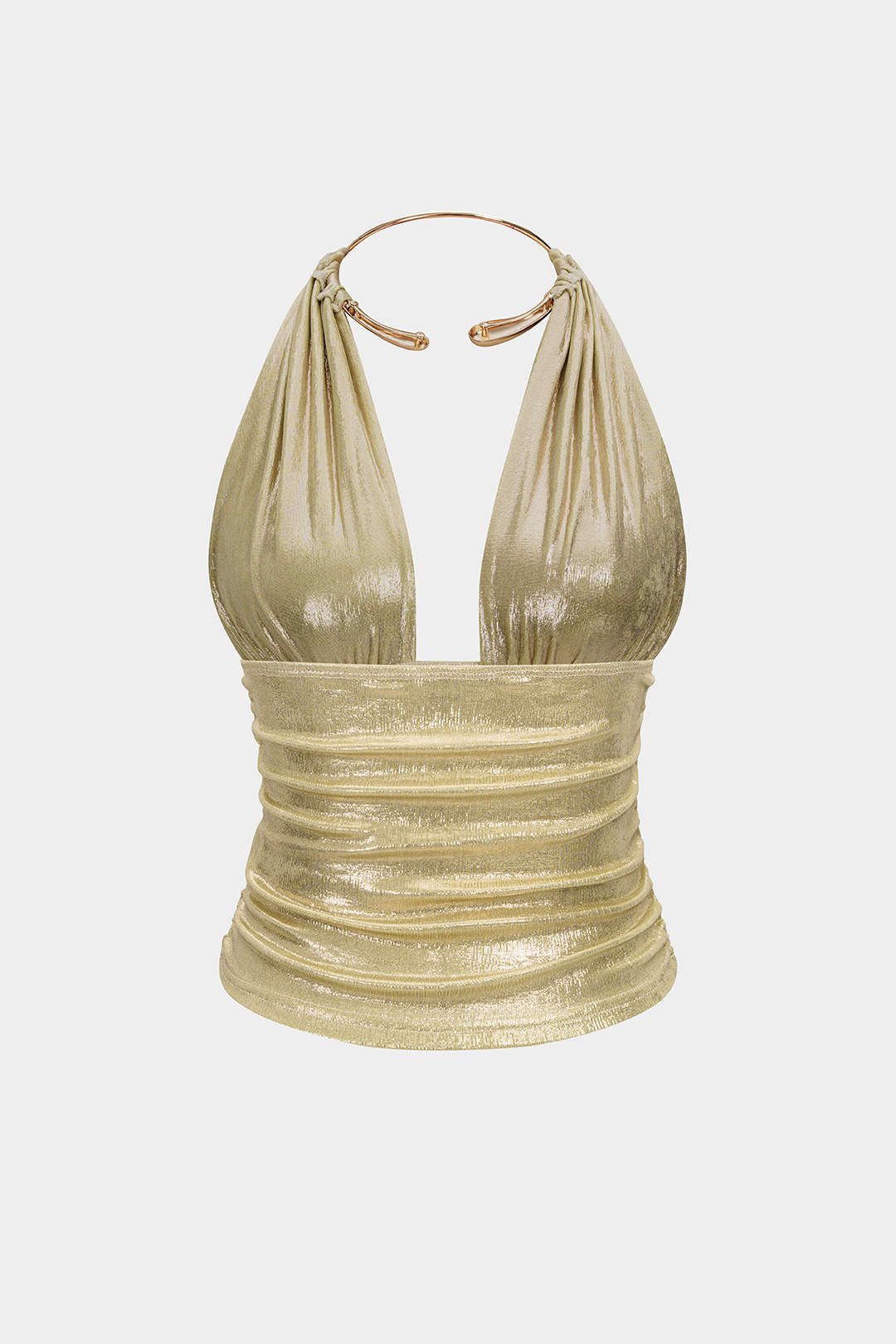 Metallic Ring Halter Backless Ruched Top