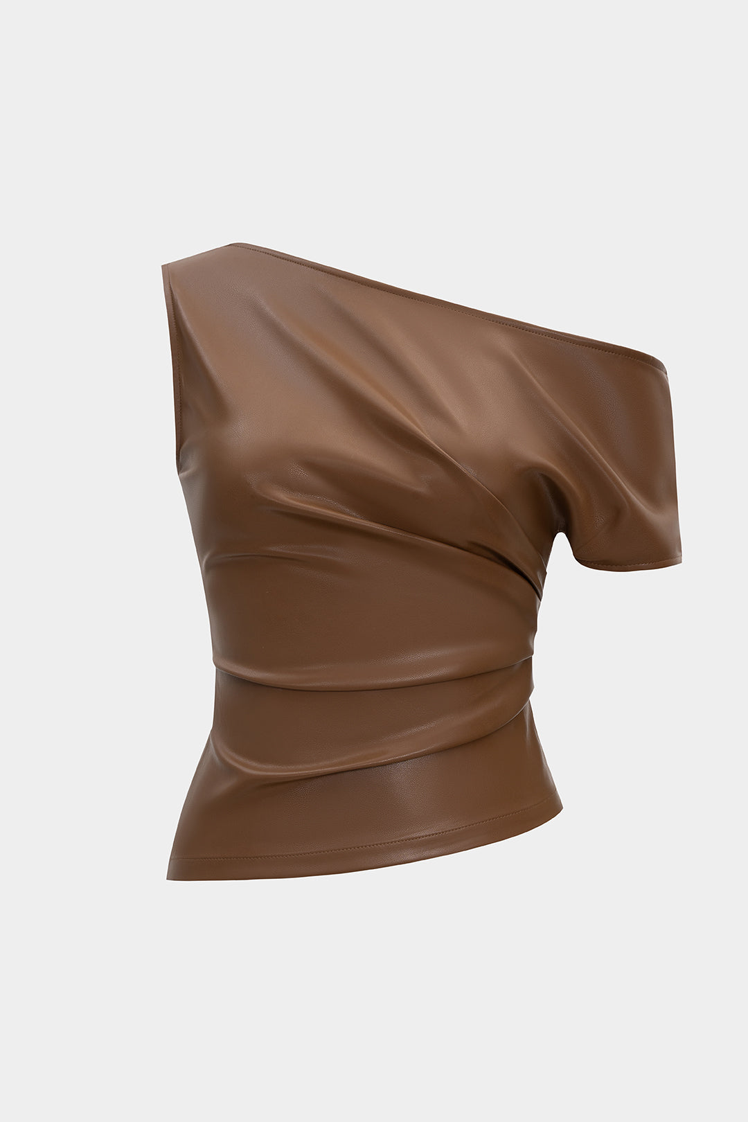 Faux Leather Asymmetrical Shoulder Ruched T-Shirt