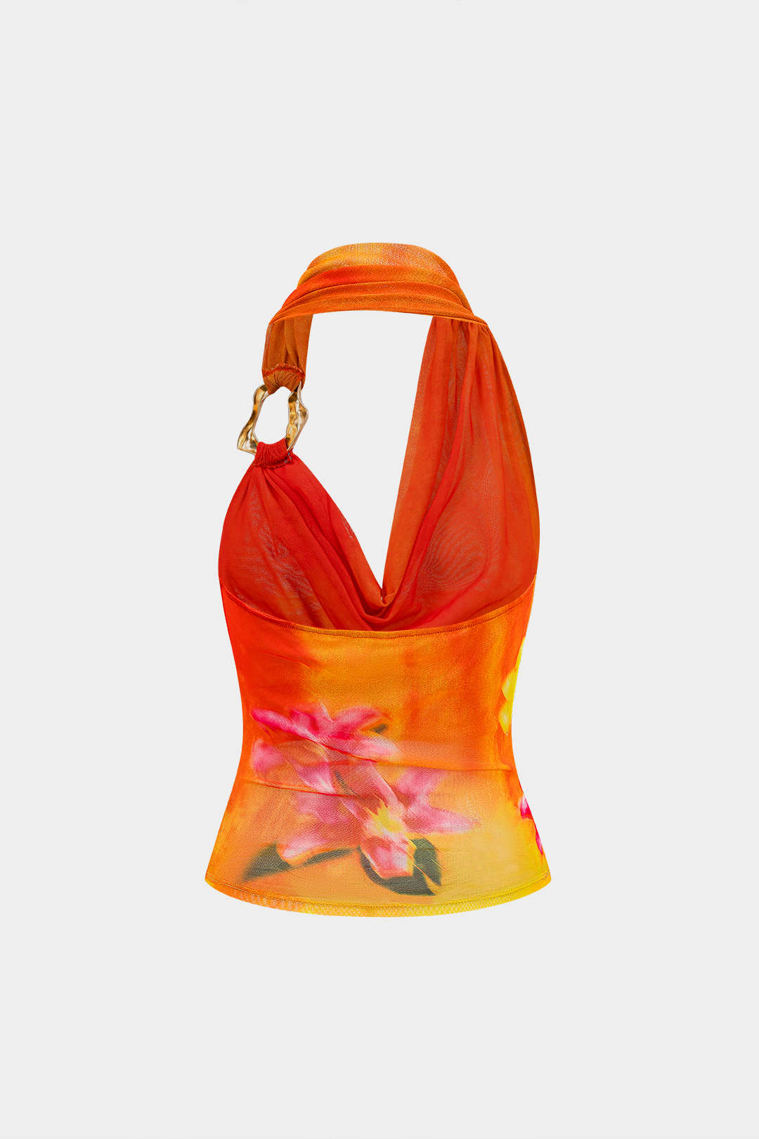 Floral Print Mesh Asymmetrical Ruched Cami Top