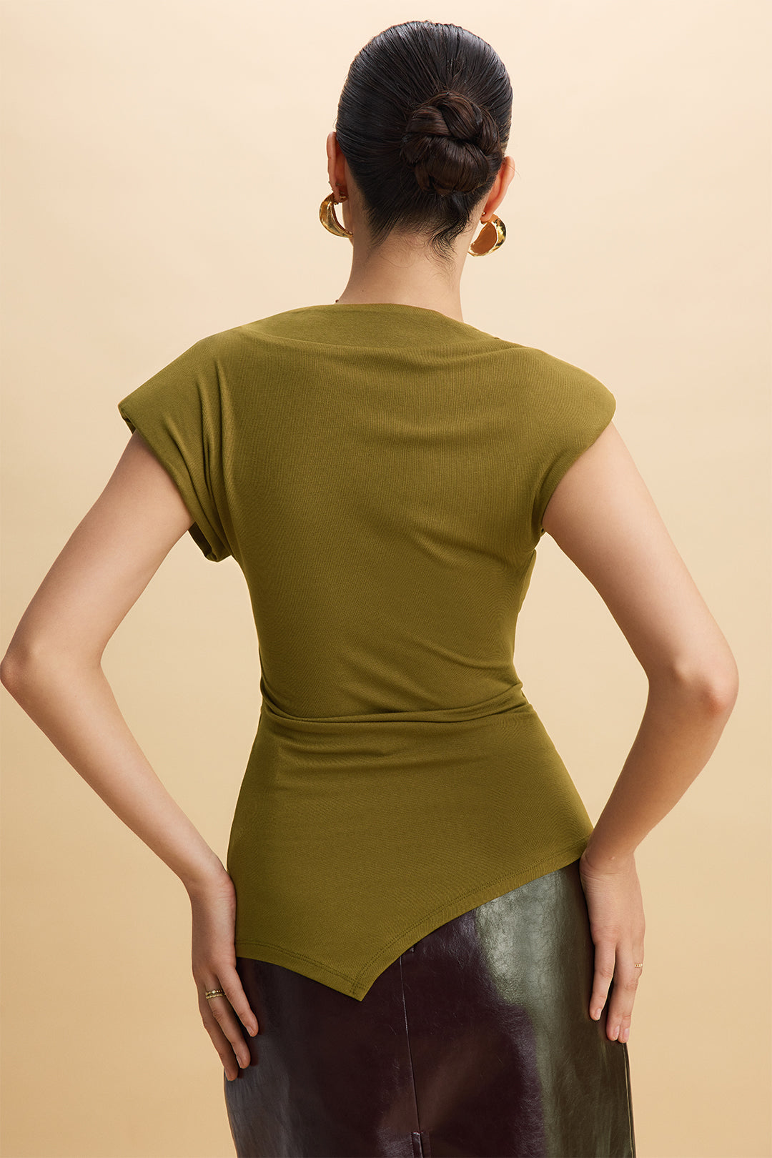 Asymmetrical Draped Cowl Neck Ruched Flutter Shoulder Pads Short Sleeve T-Shirt