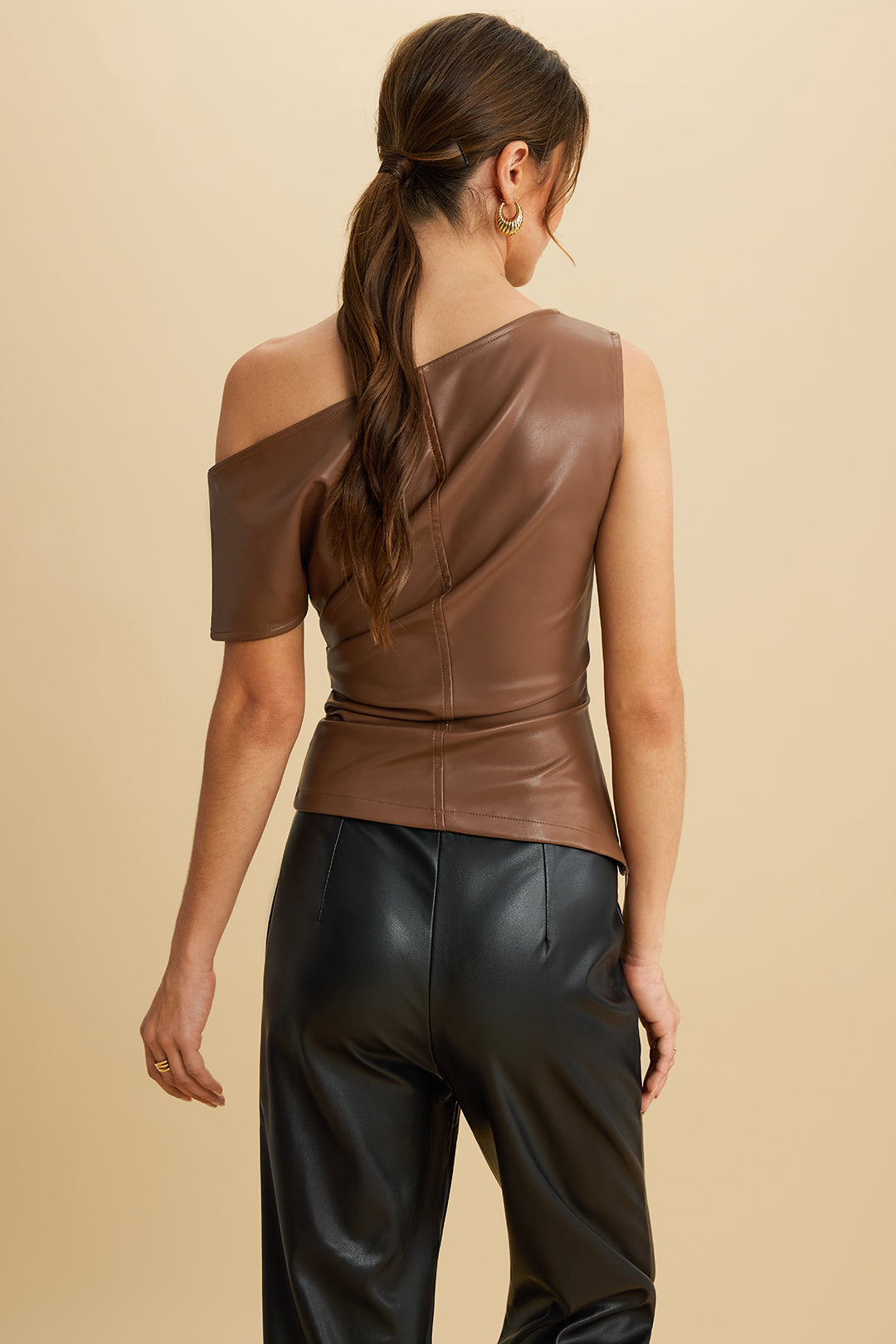 Faux Leather Asymmetrical Shoulder Ruched T-Shirt