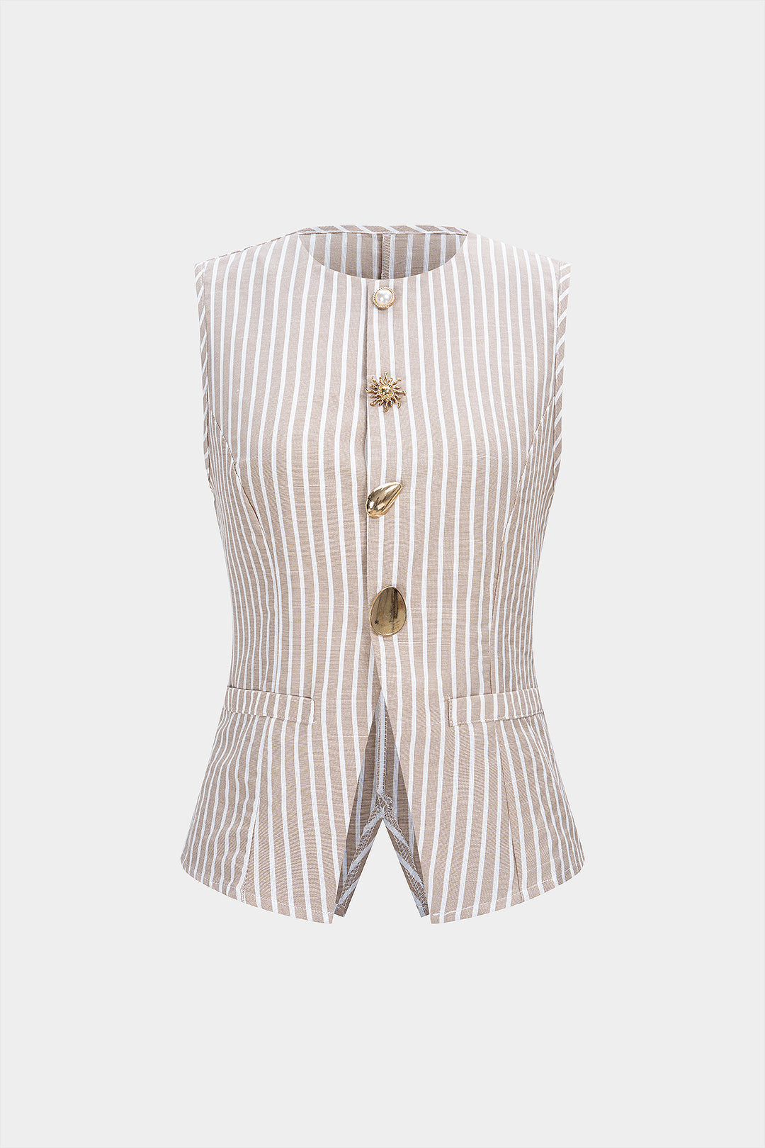 Striped Round Neck Metallic Button Tank Top