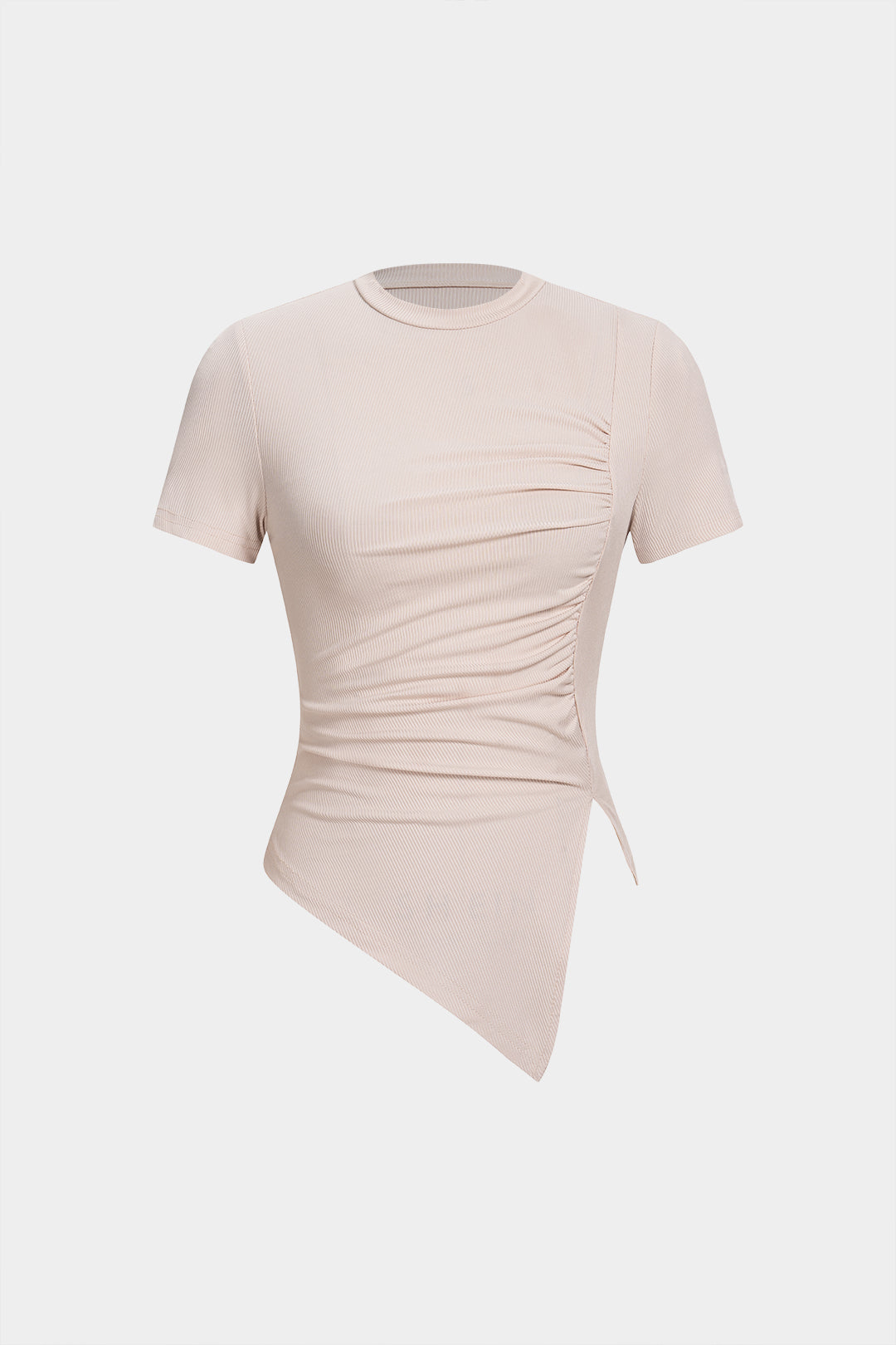 Round Neck Asymmetrical Ruched Short Sleeve T-Shirt