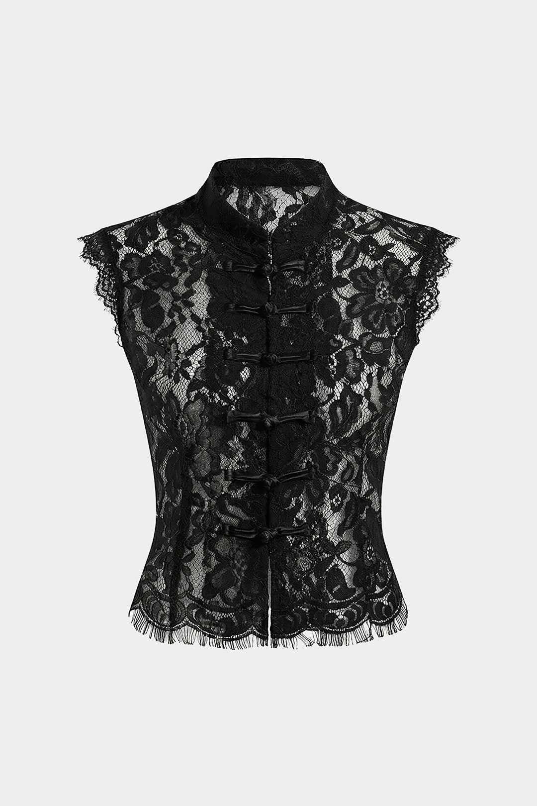 Lace Mock Neck Button Hollow Out Tank Top