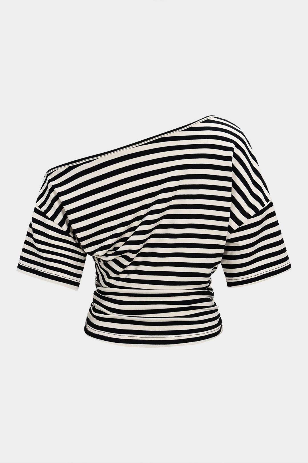 Stripes Print Waist-Cinching One Shoulder Long Sleeve T-Shirt
