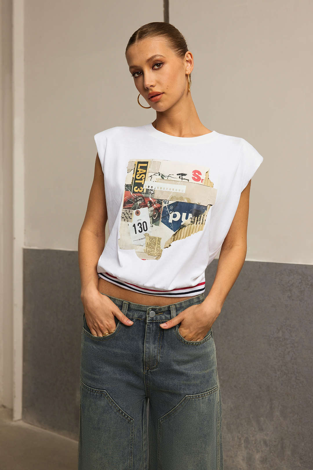 Car Letter Digital Pattern Print Loose Sleeveless T-Shirt