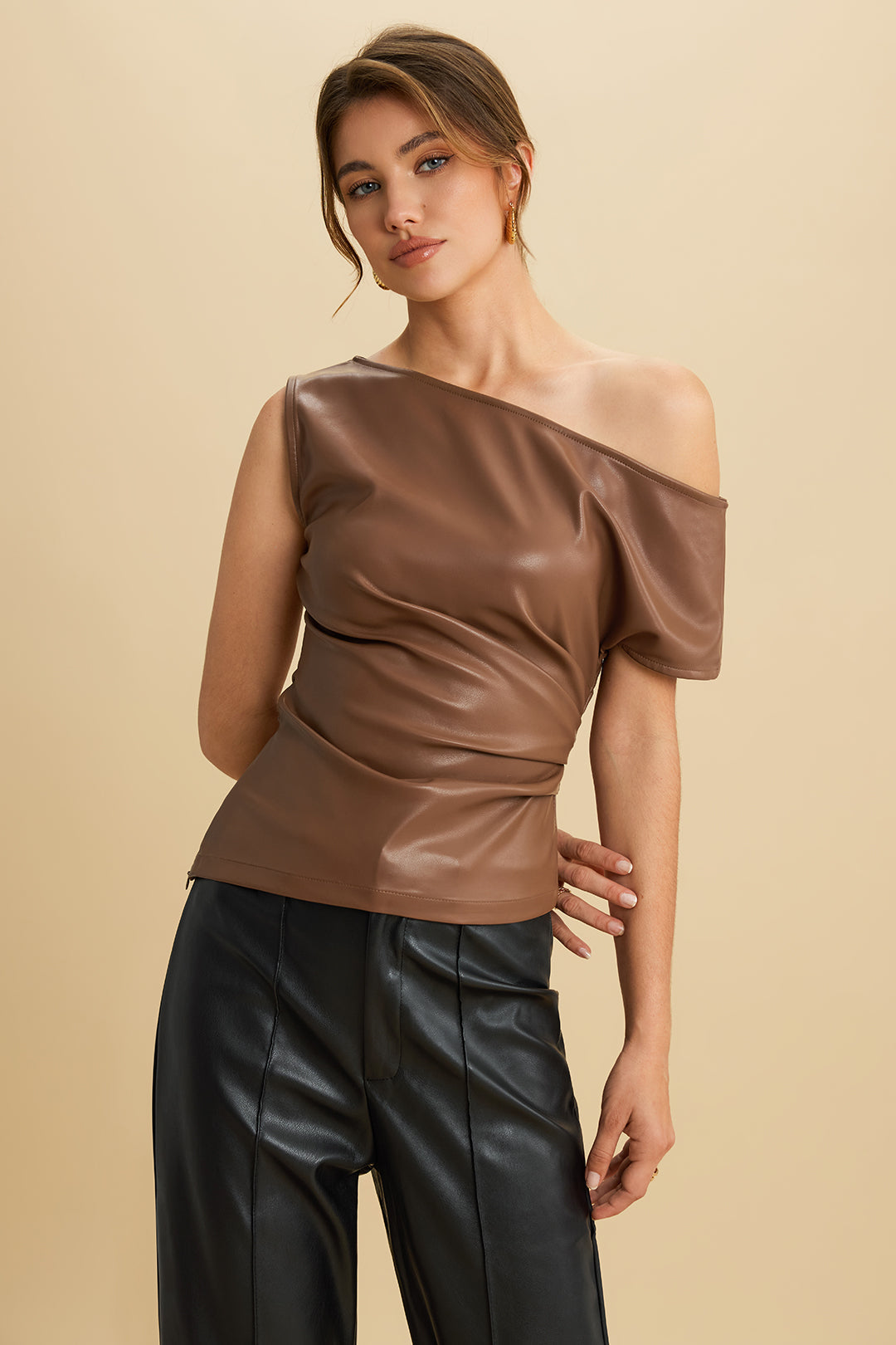 Faux Leather Asymmetrical Shoulder Ruched T-Shirt