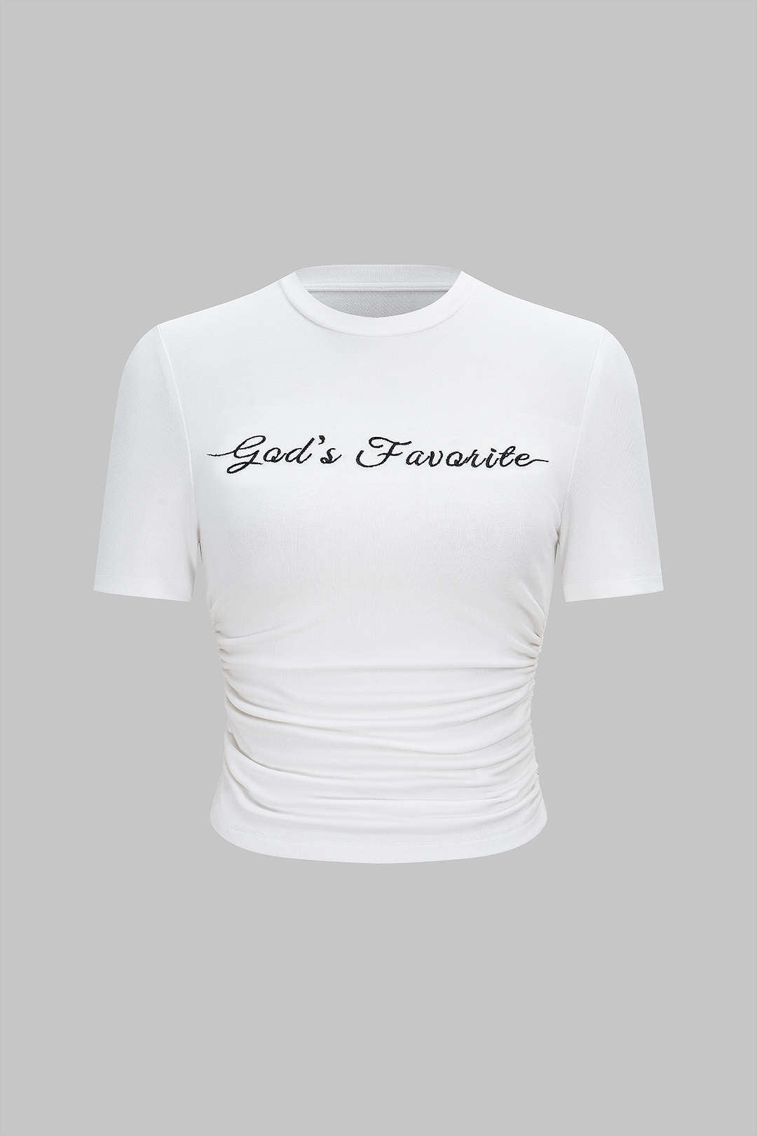 Letter Embroidery Round Neck Ruched Short Sleeve T-Shirt