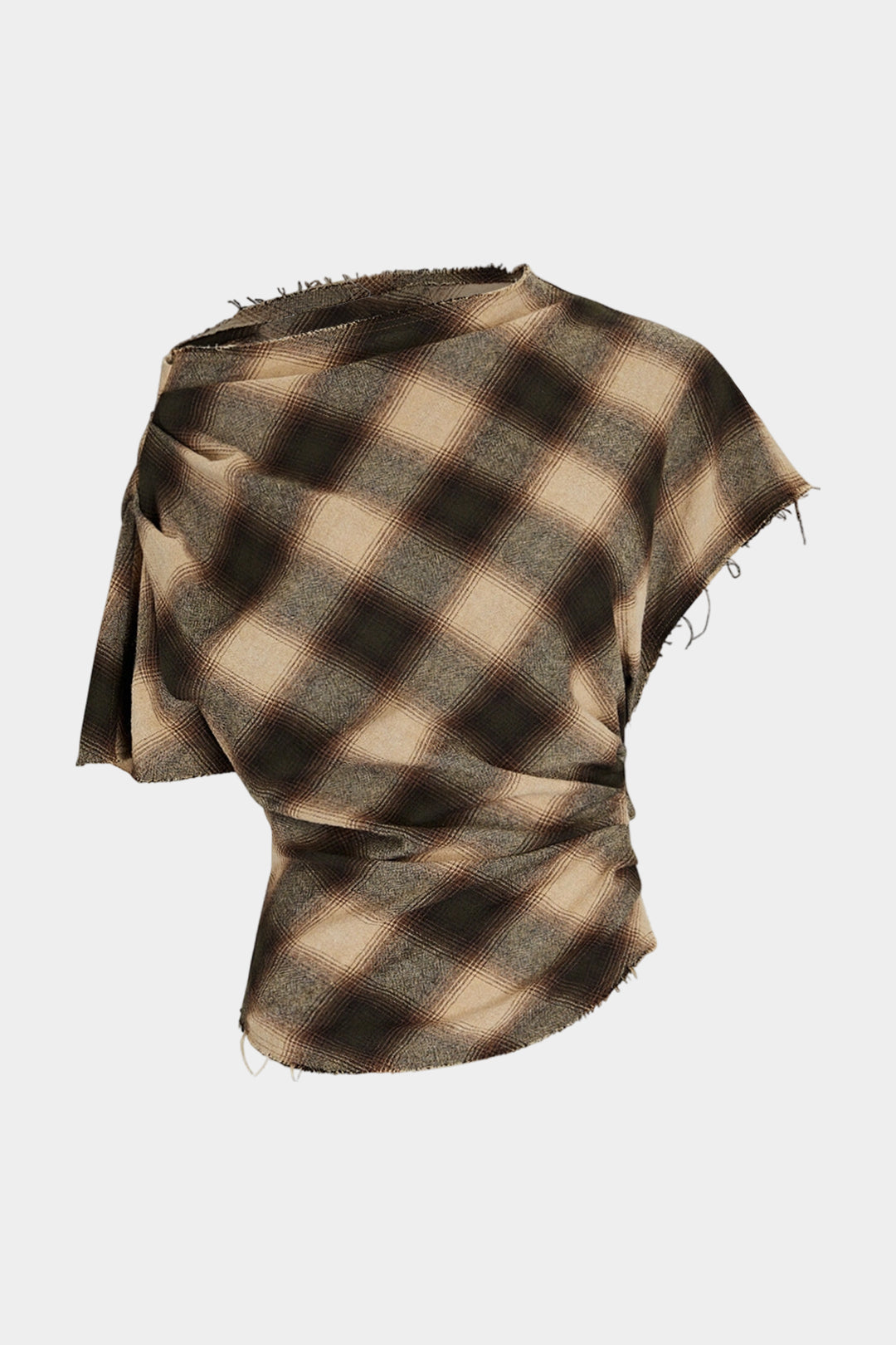 Plaid Print Frayed Edges Asymmetrical T-Shirt