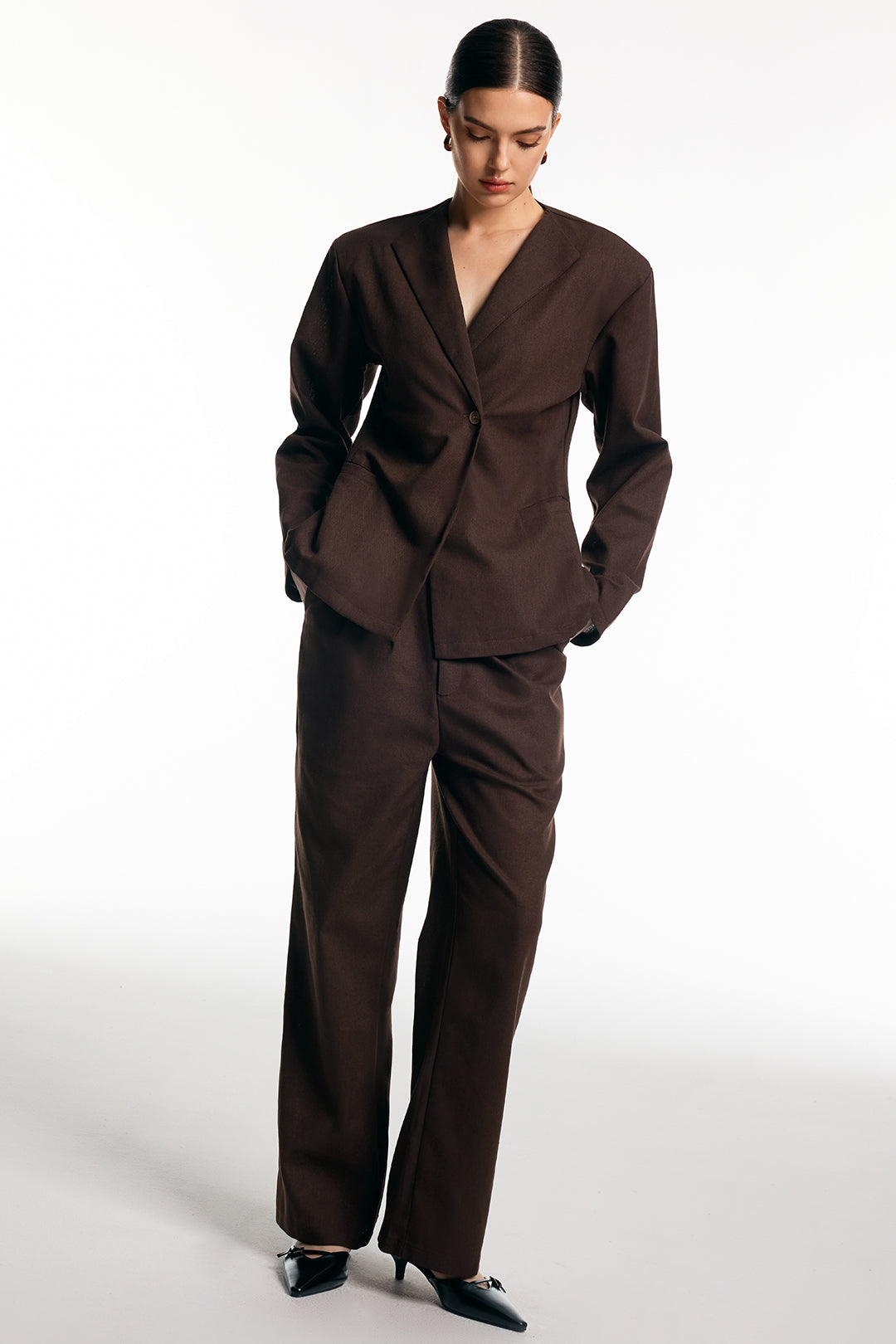 Solid One Button Blazer And Wide Leg Trousers Set