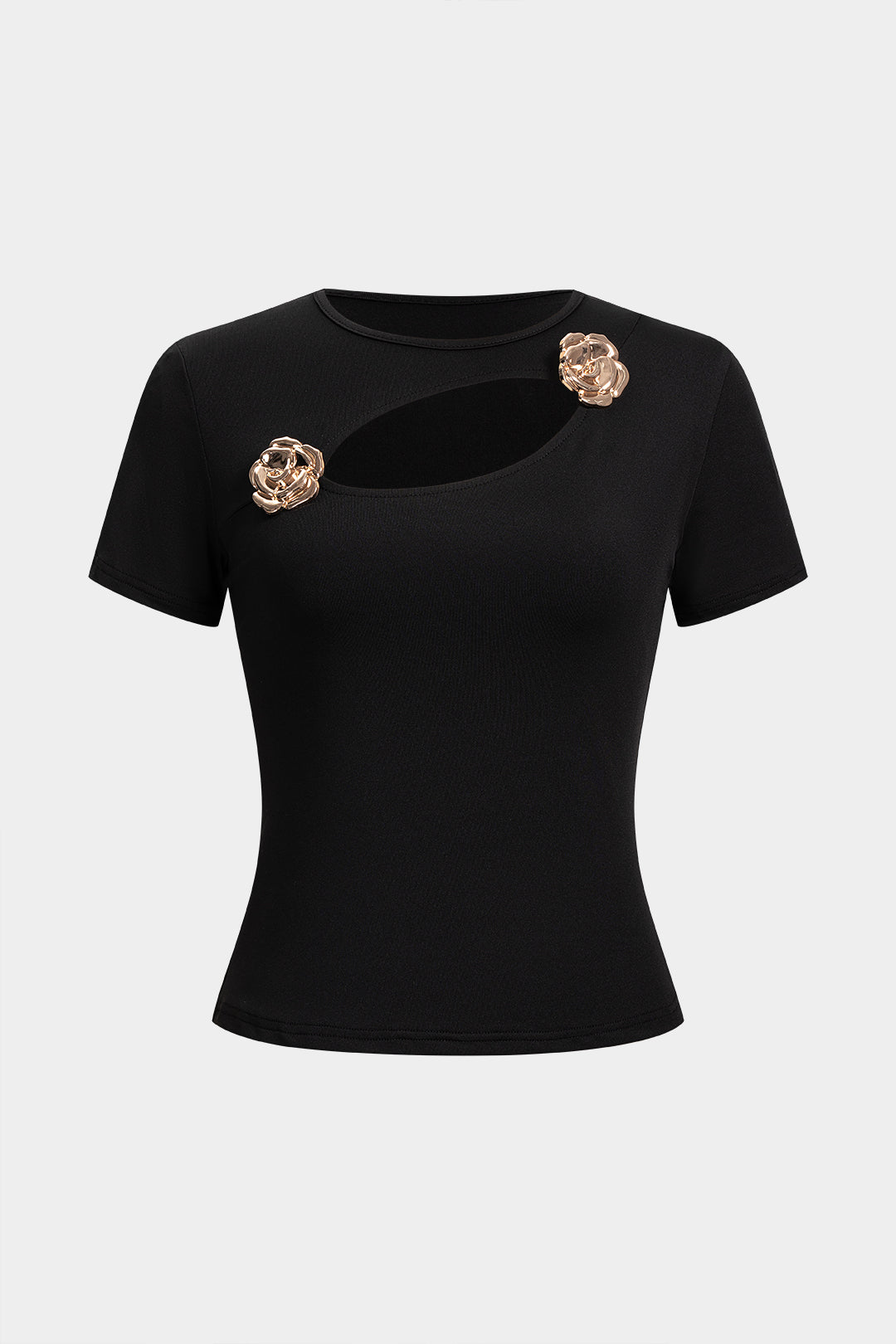Metallic Round Neck Cut Out Short Sleeve T-Shirt