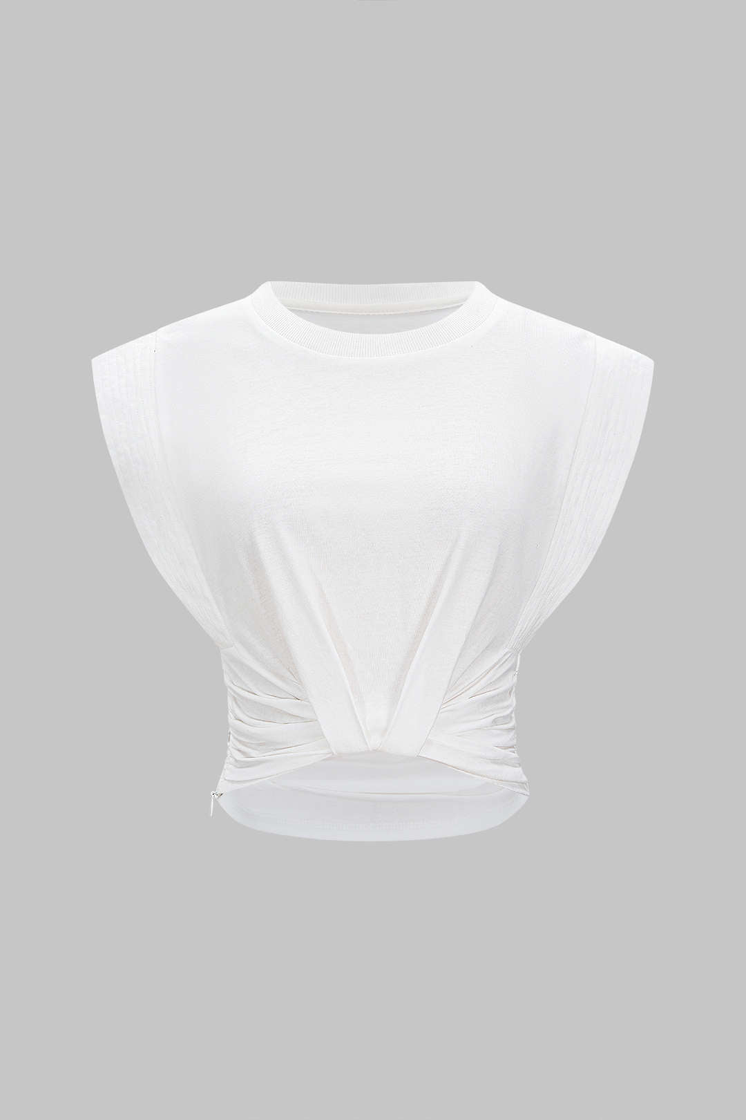 Solid Round Neck Ruched Flutter Sleeve T-Shirt