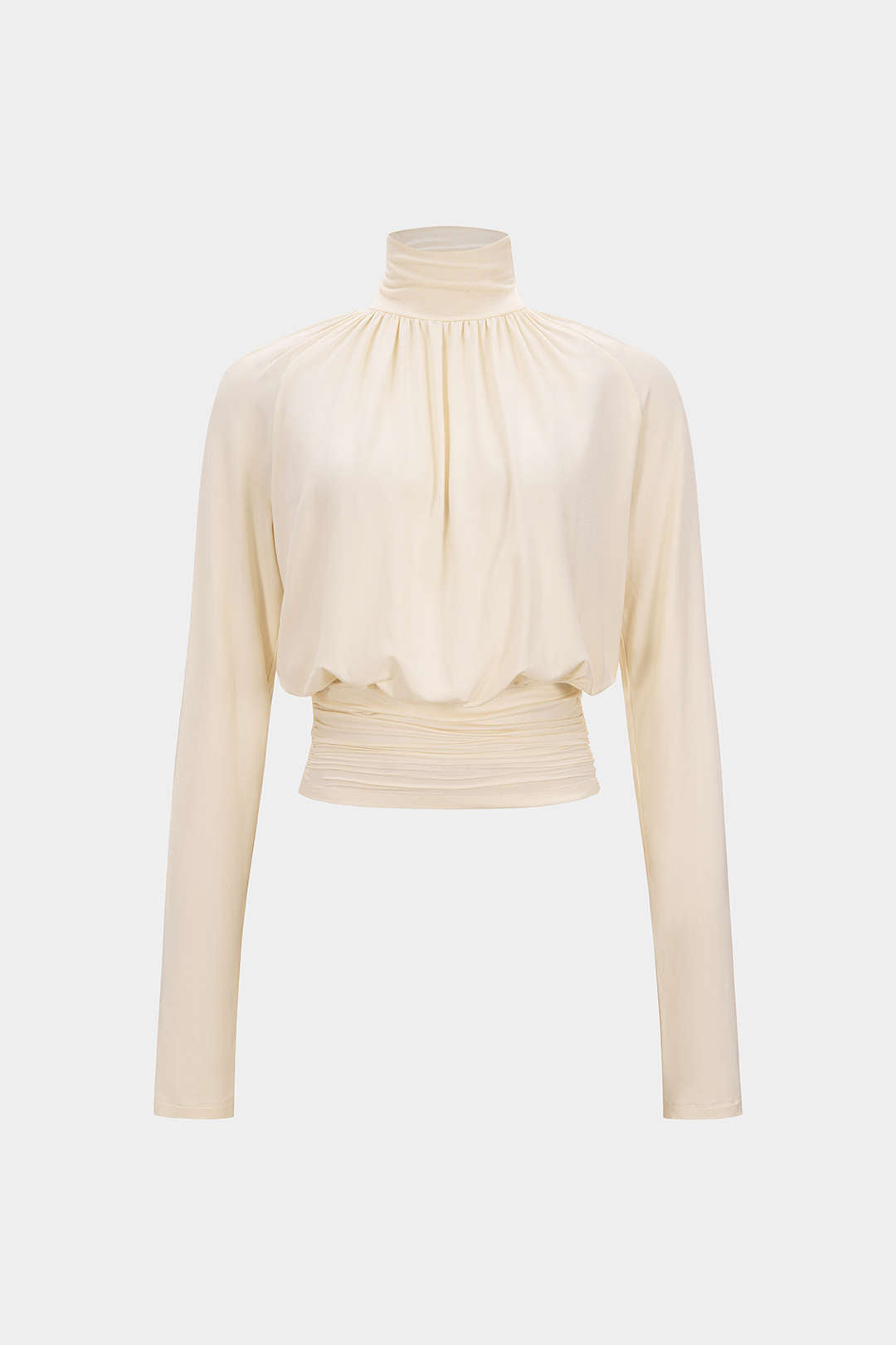 Basic Faux Leather High Collar Wrinkled Long Sleeve T-Shirt