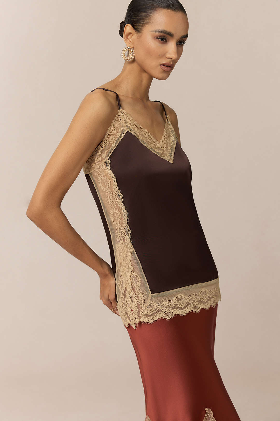 Satin Patchwork Lace Trim Cami Top