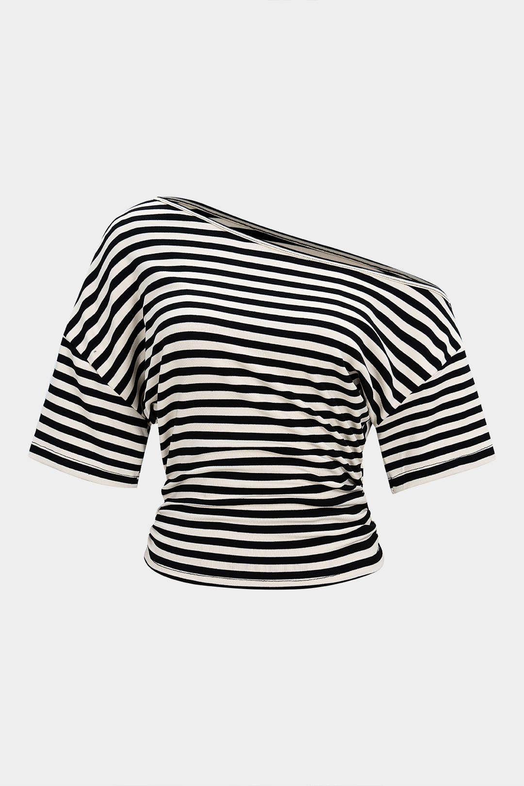 Stripes Print Waist-Cinching One Shoulder Long Sleeve T-Shirt