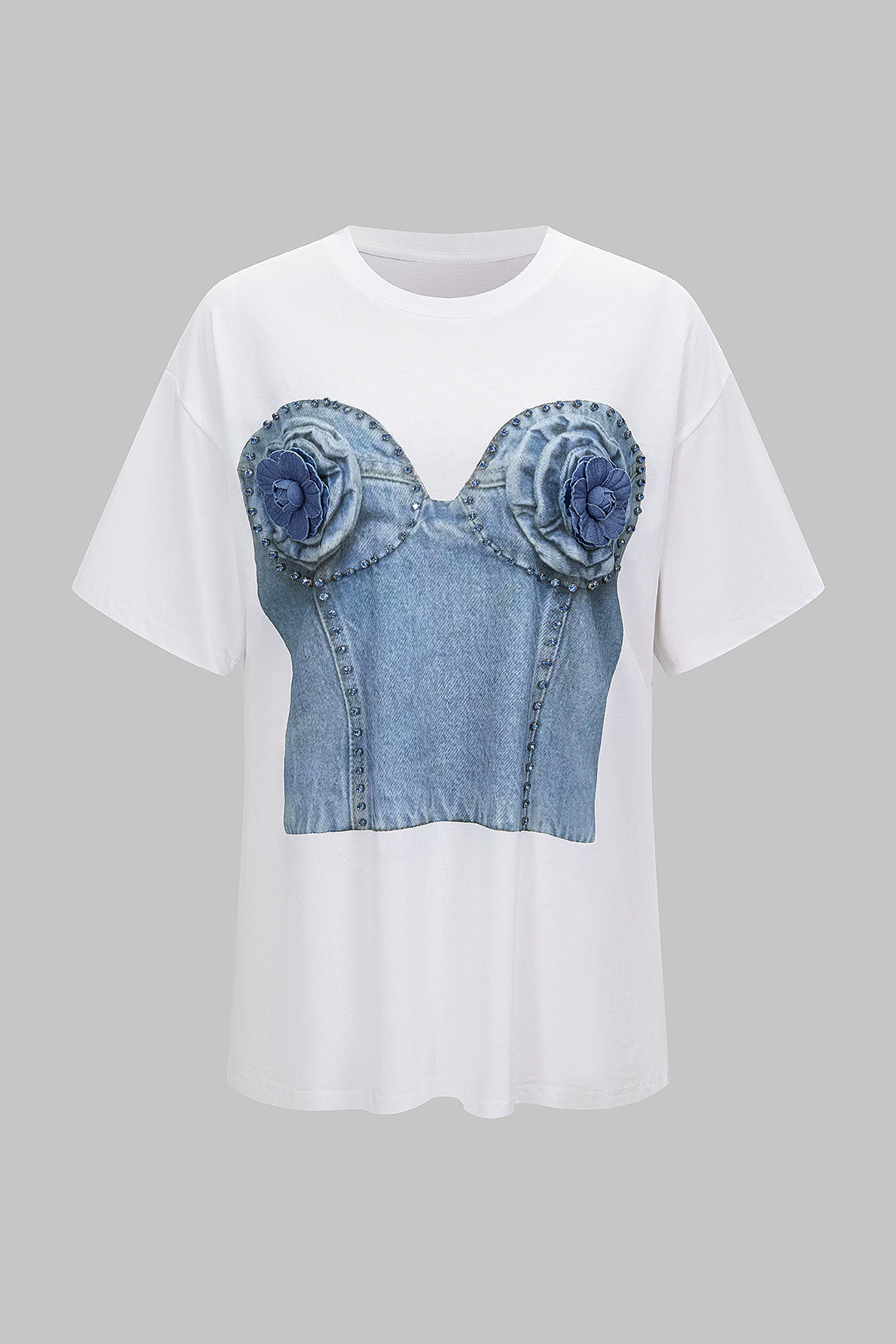 Denim Print 3D Flower Rhinestone Decor Round Neck Short Sleeve T-Shirt