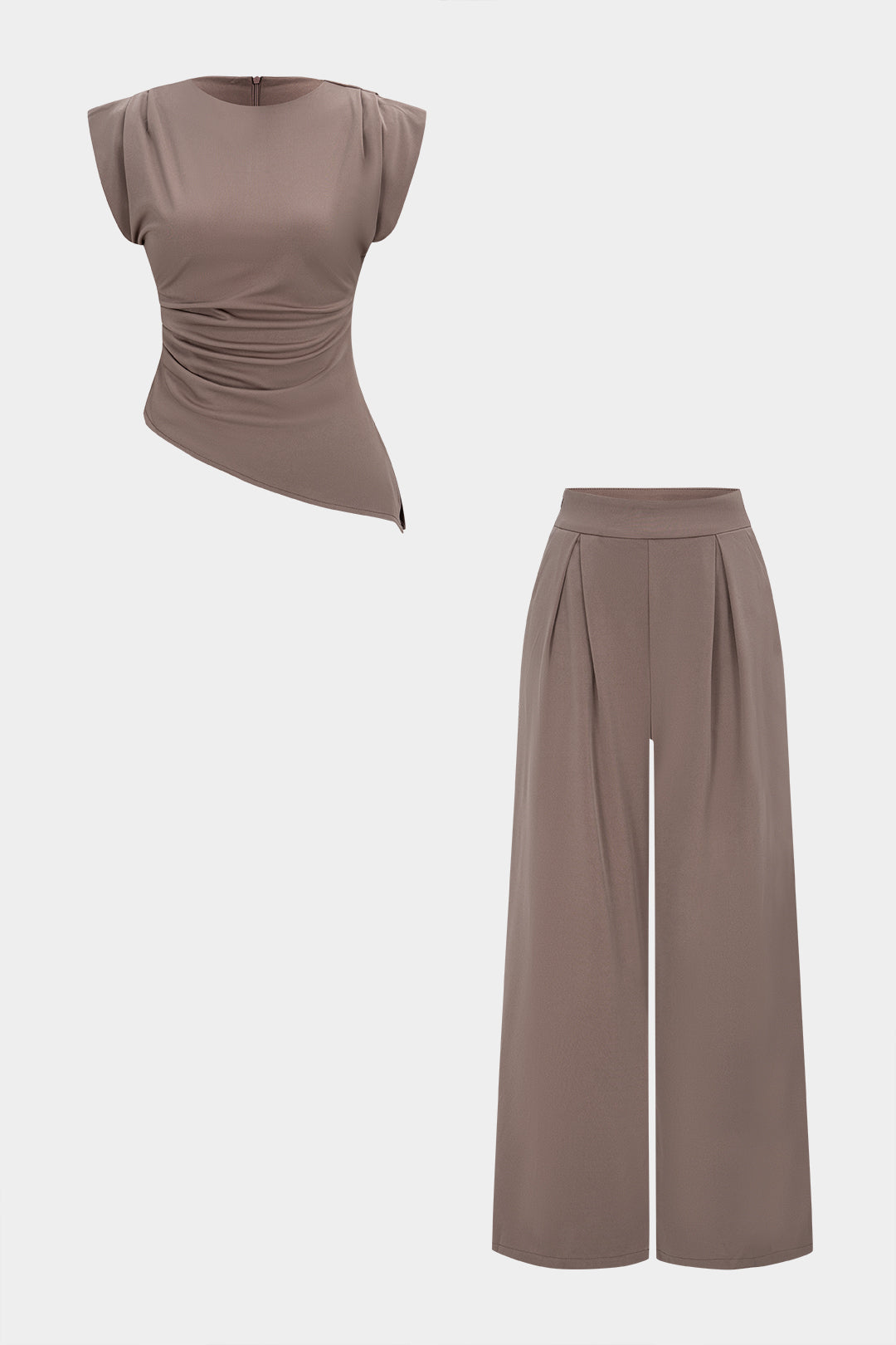 Solid Round Neck Ruched Tank Top And High Waist Wide Pants Set