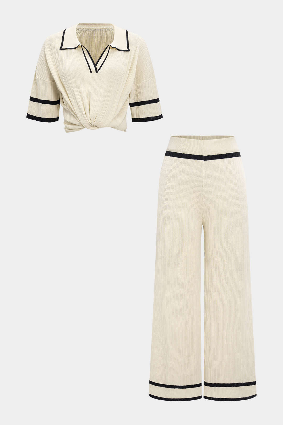 Knit Contrast Binding Lapel Short-Sleeve Top And Wide Leg Pants Set