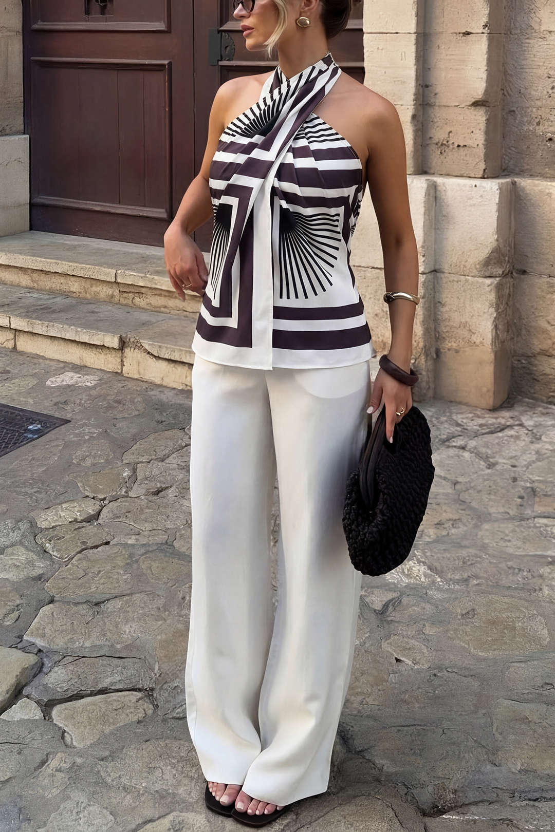 Contrast Geometric Print Crossed Halter Tank Top