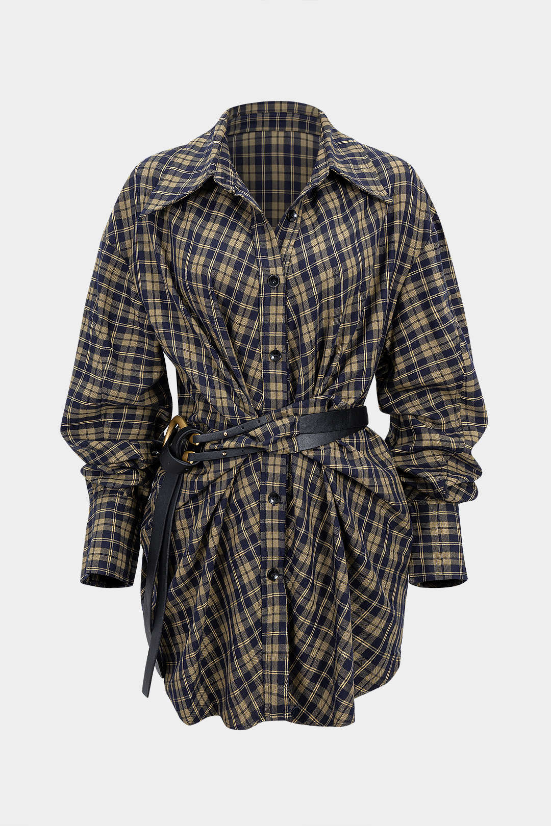 Plaid Print Belted Long-Sleeve Mini Dress