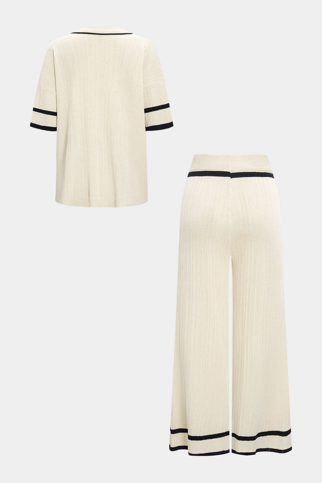 Knit Contrast Binding Lapel Short-Sleeve Top And Wide Leg Pants Set