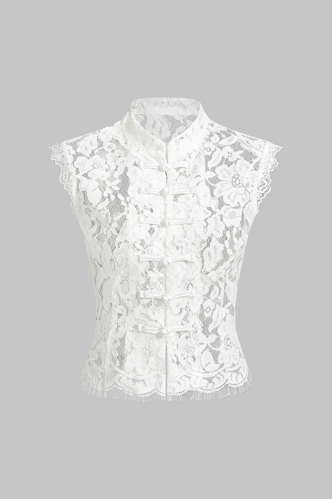 Lace Mock Neck Button Hollow Out Tank Top