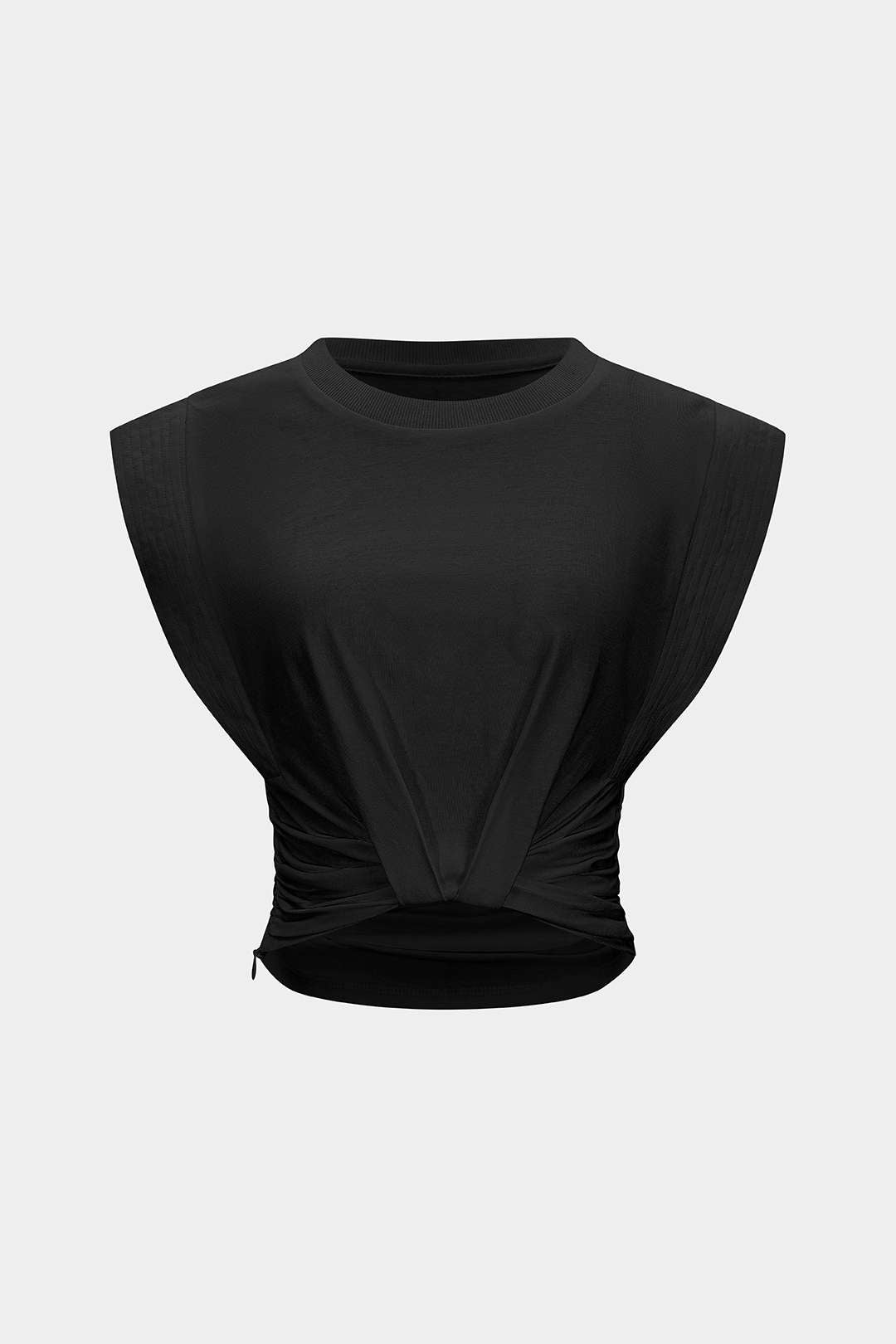 Solid Round Neck Ruched Flutter Sleeve T-Shirt