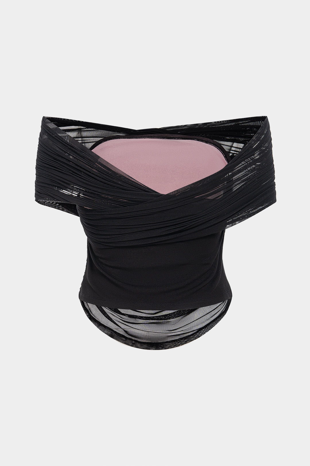 Mesh Patchwork Off Shoulder Crossed Ruched Short Sleeve T-Shirt