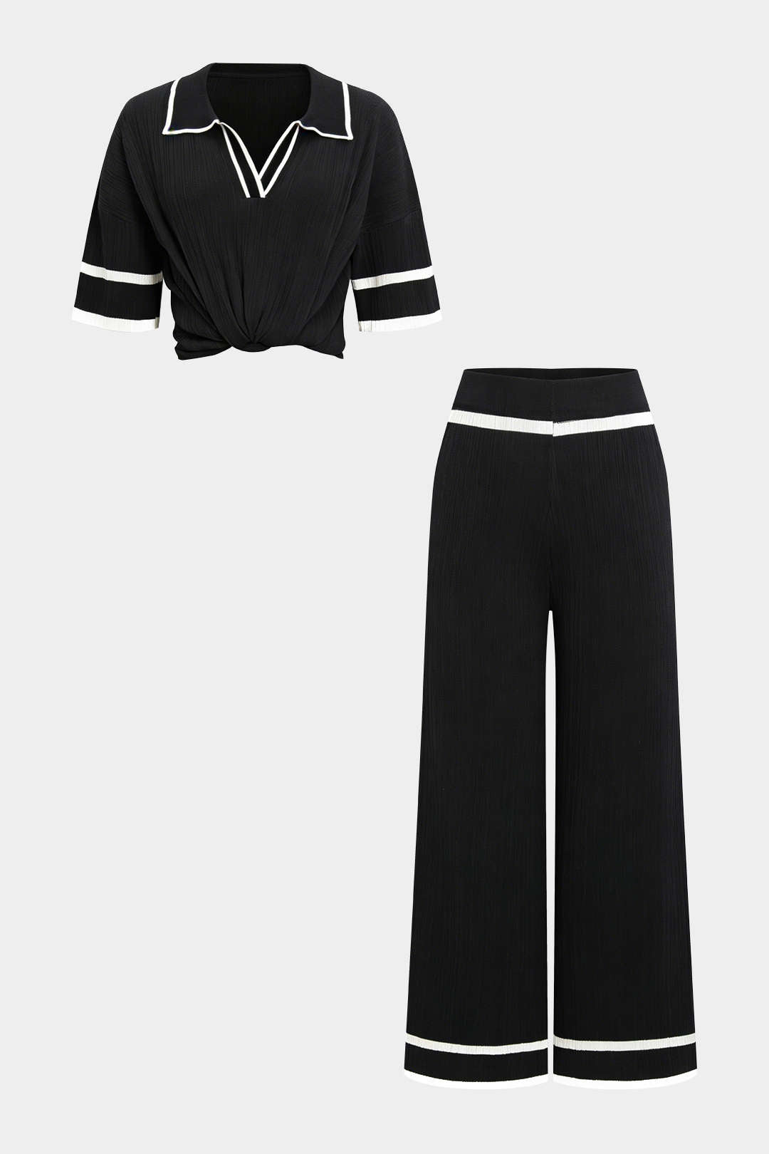 Knit Contrast Binding Lapel Short-Sleeve Top And Wide Leg Pants Set