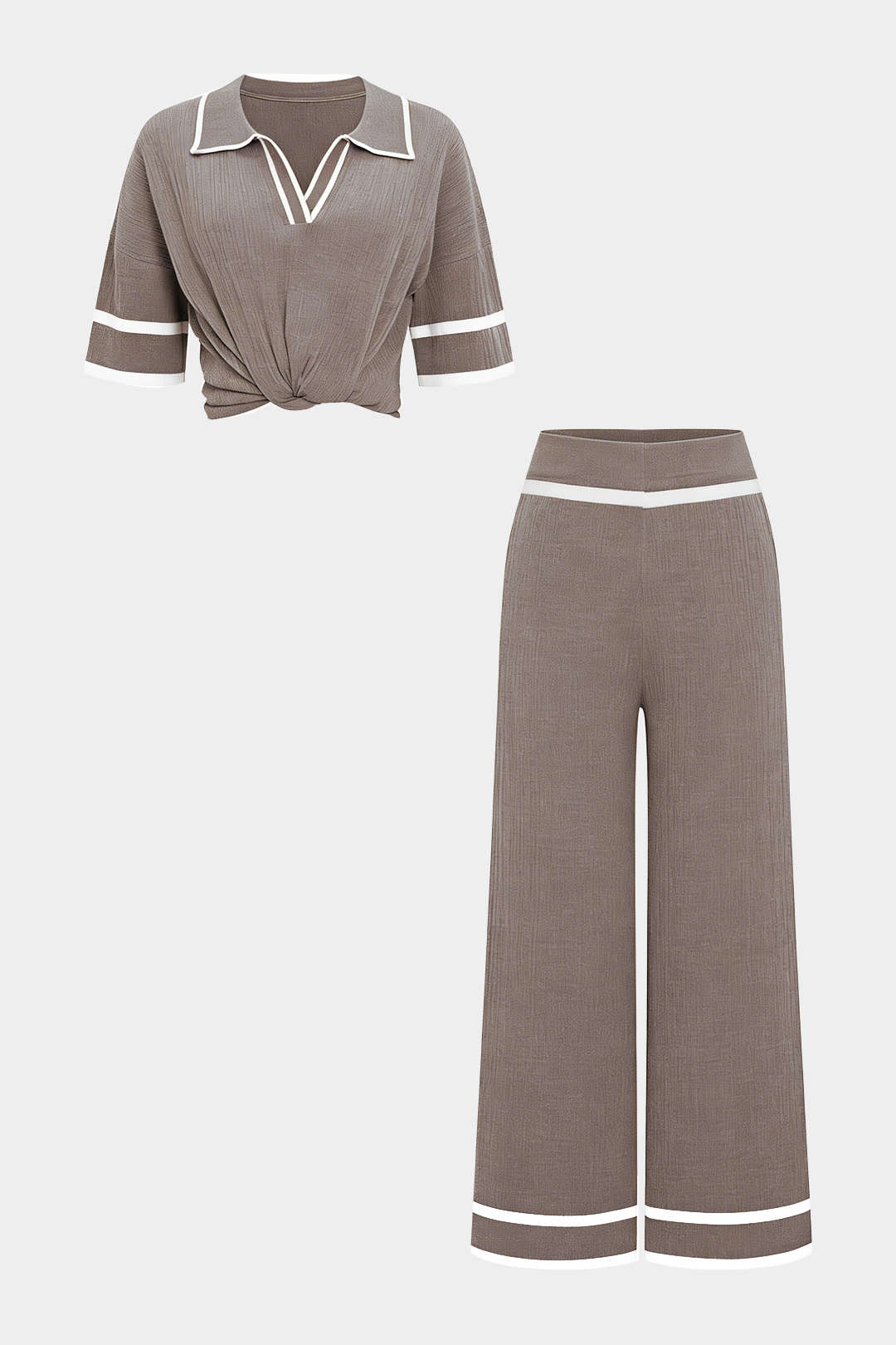 Knit Contrast Binding Lapel Short-Sleeve Top And Wide Leg Pants Set