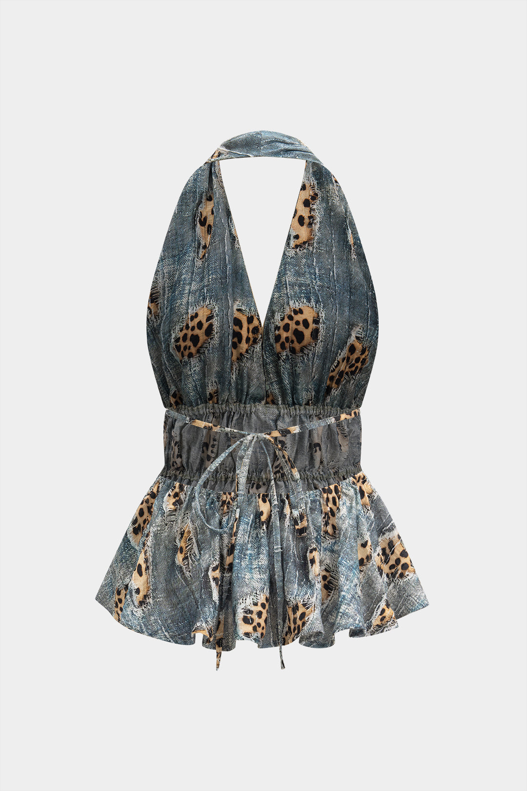 Retro Leopard Print Backless Tie-Up Ruched Drawstring Cami Top