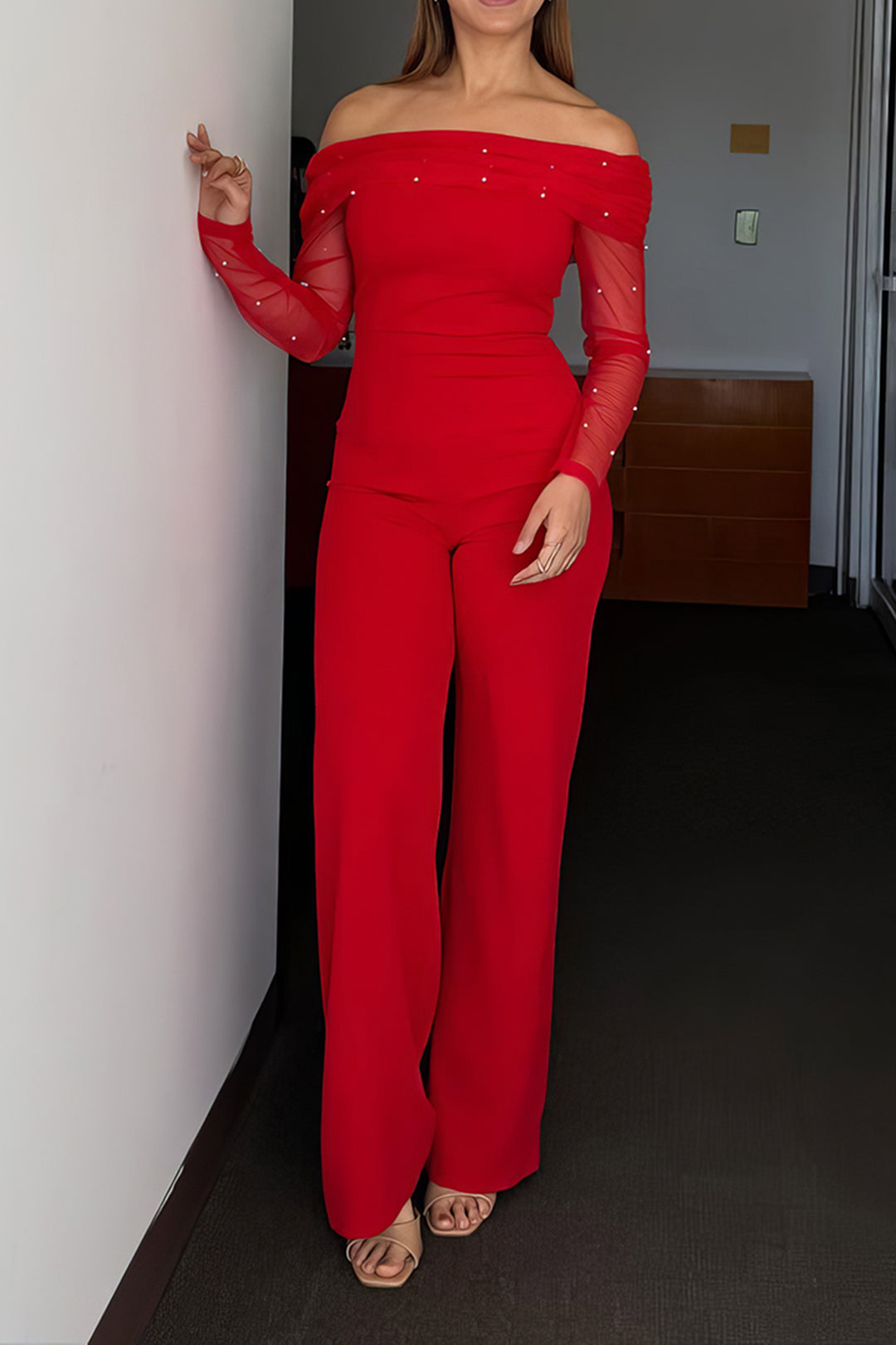 Pearl Decor Off-Shoulder Wide Leg Long Sleeve Jumpsuit