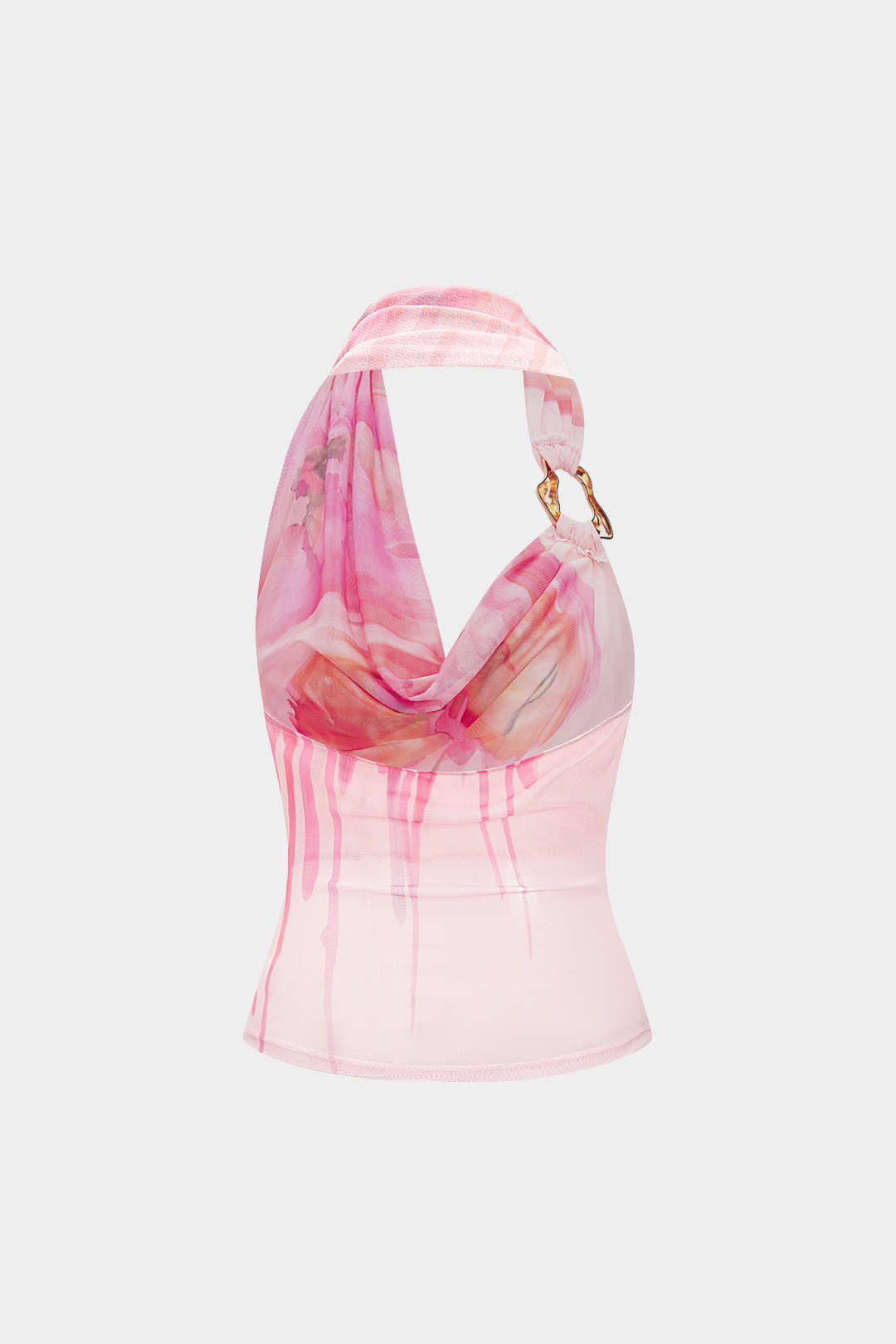 Floral Print Mesh Asymmetrical Ruched Cami Top