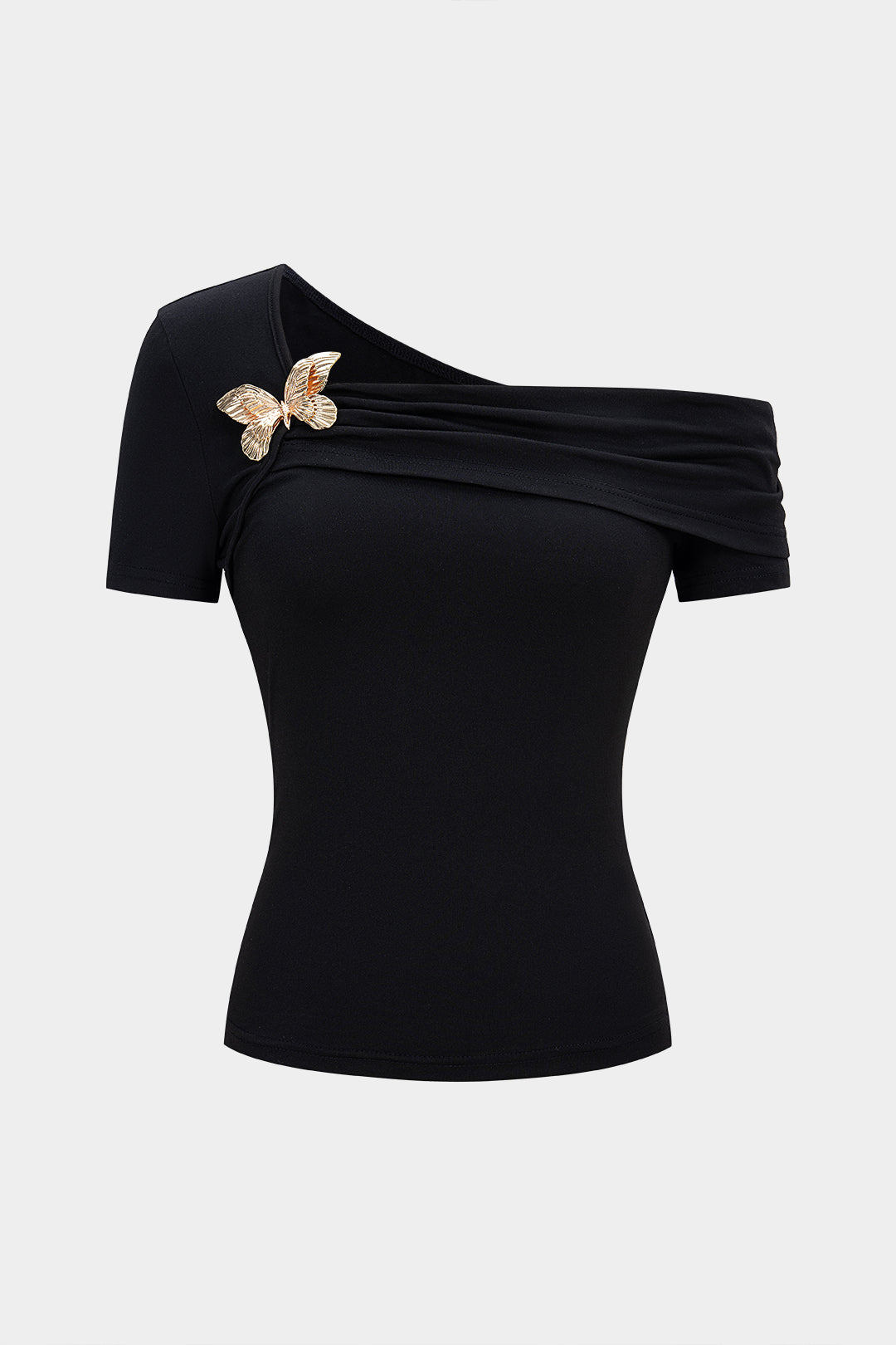 Metallic Decor One Shoulder Asymmetrical Short Sleeve T-Shirt