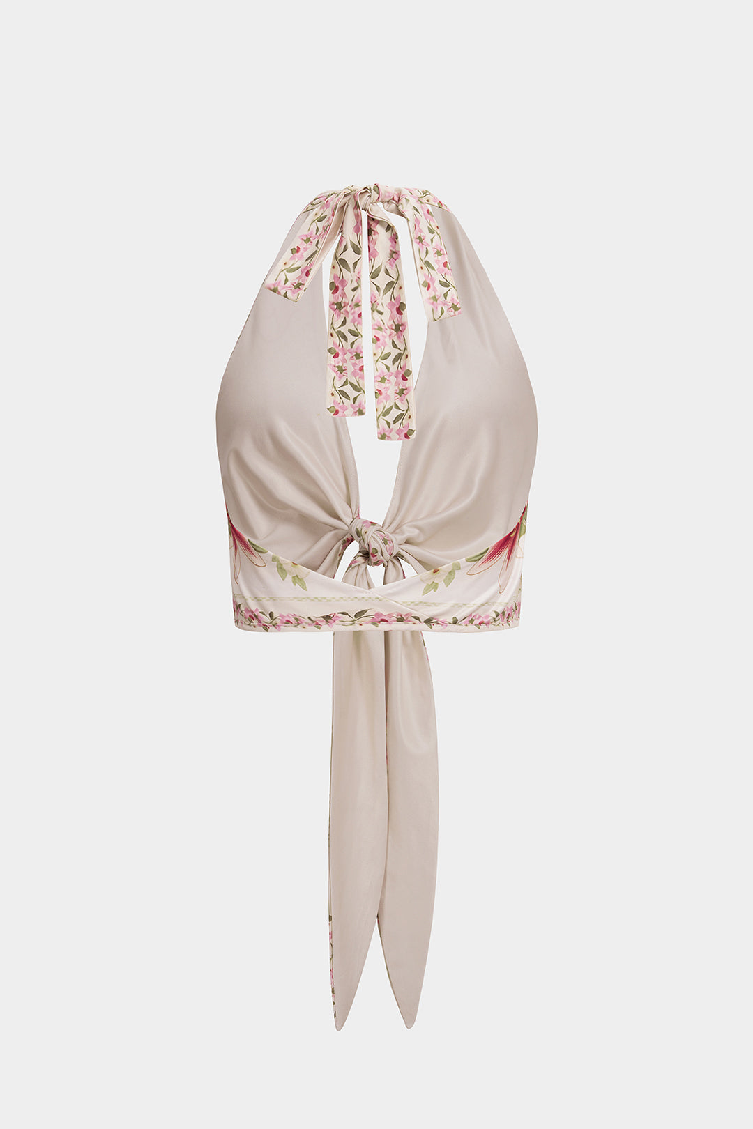 Floral Print Satin Halter Tie-Up Backless Sleeveless Cropped Top