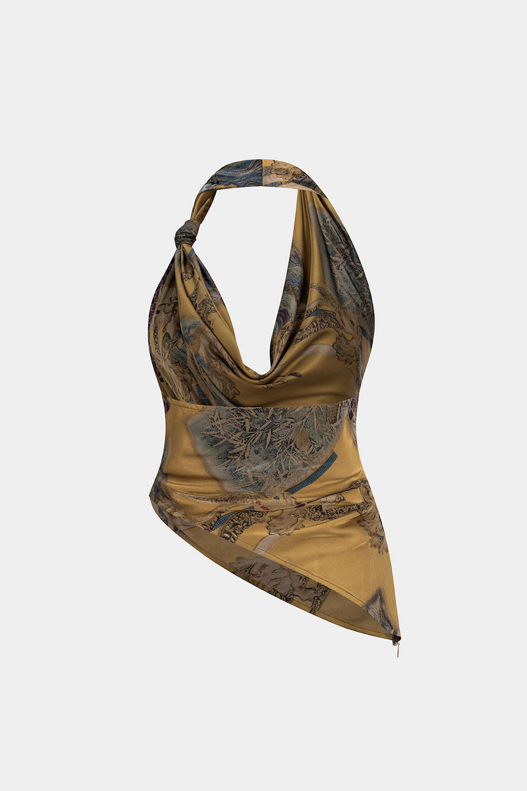 Retro Print Satin Halter Neck Draped Cowl Neck Cami Top