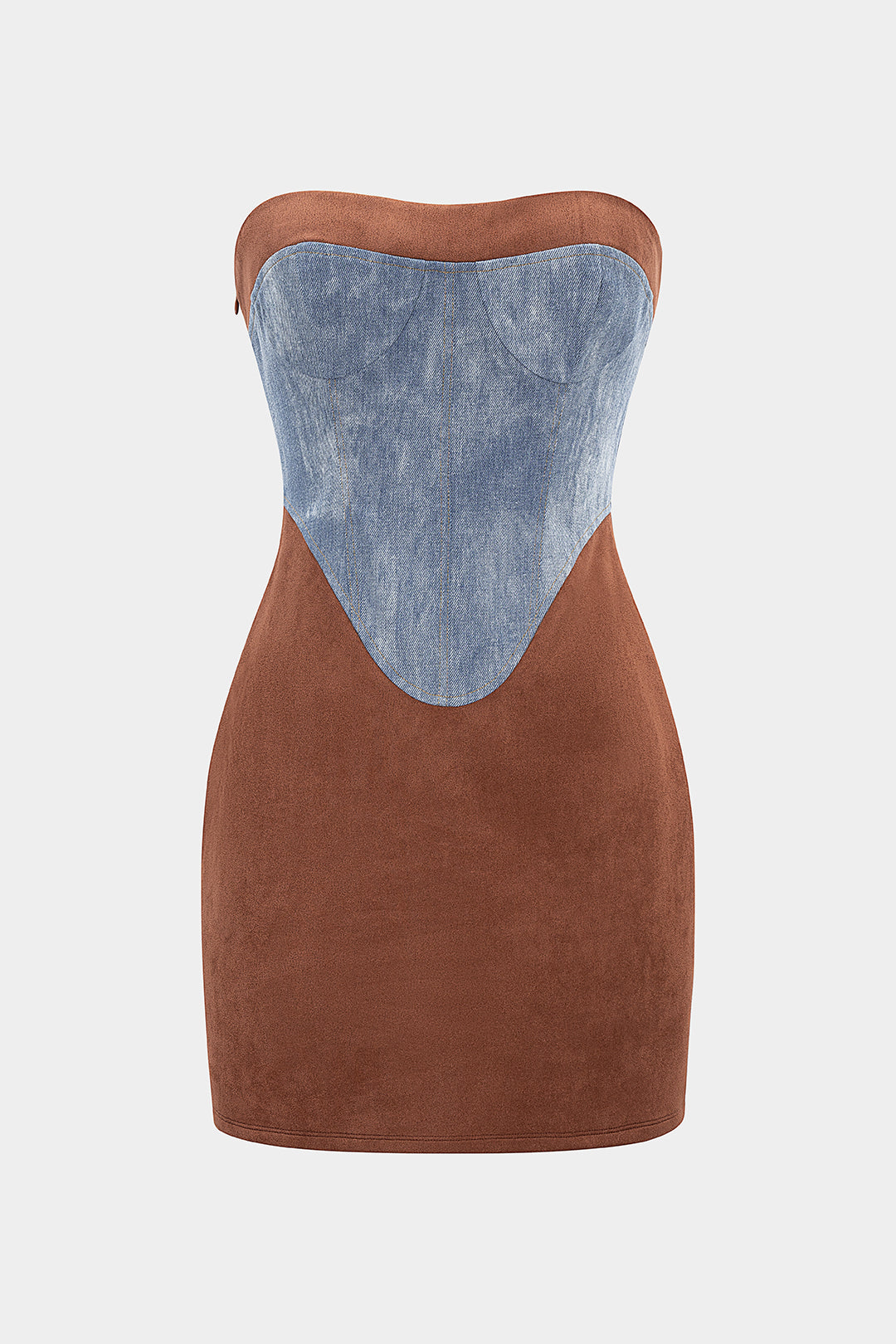 Suede Denim Patchwork Strapless Sleeveless Mini Dress