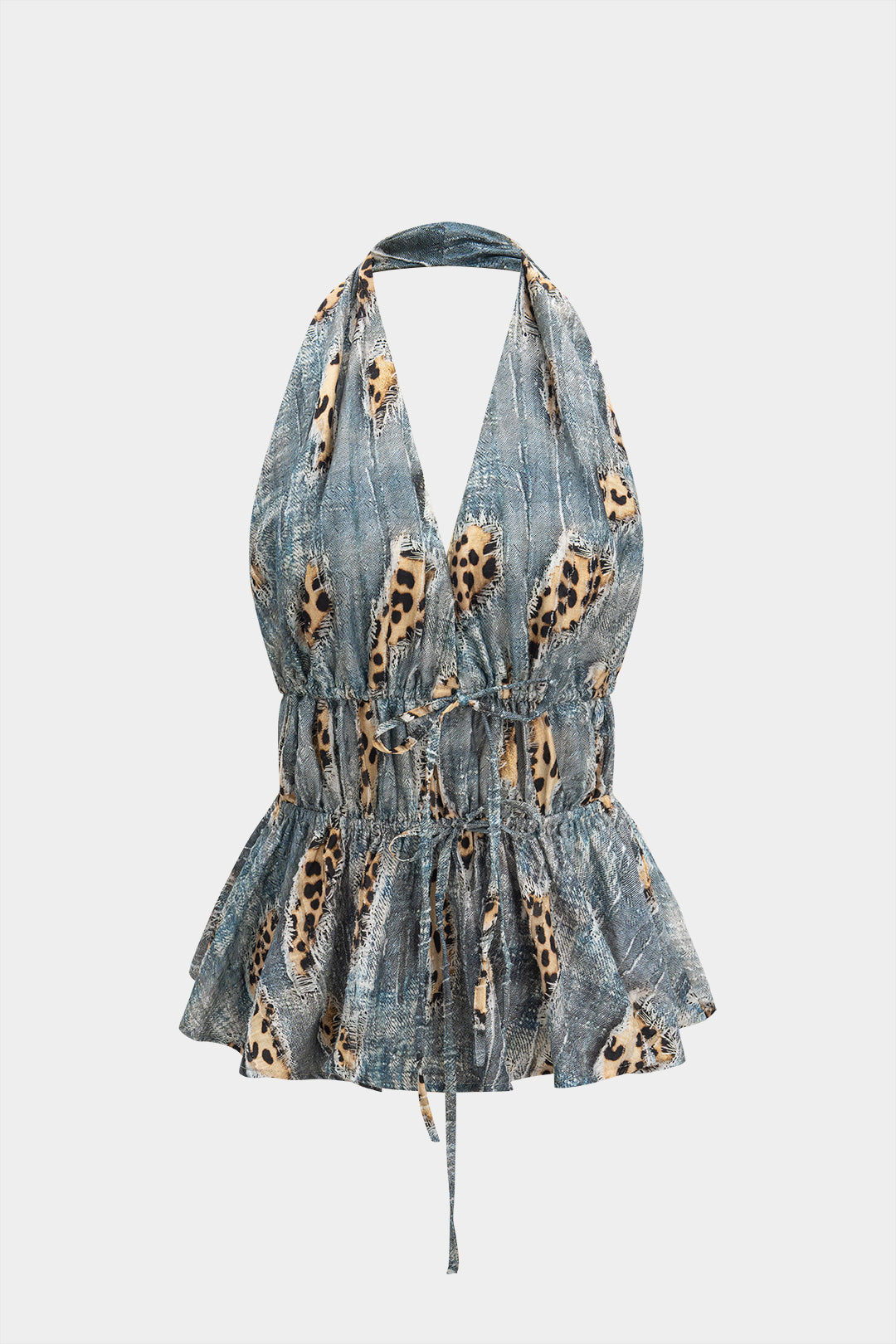Retro Leopard Print Backless Tie-Up Ruched Drawstring Cami Top