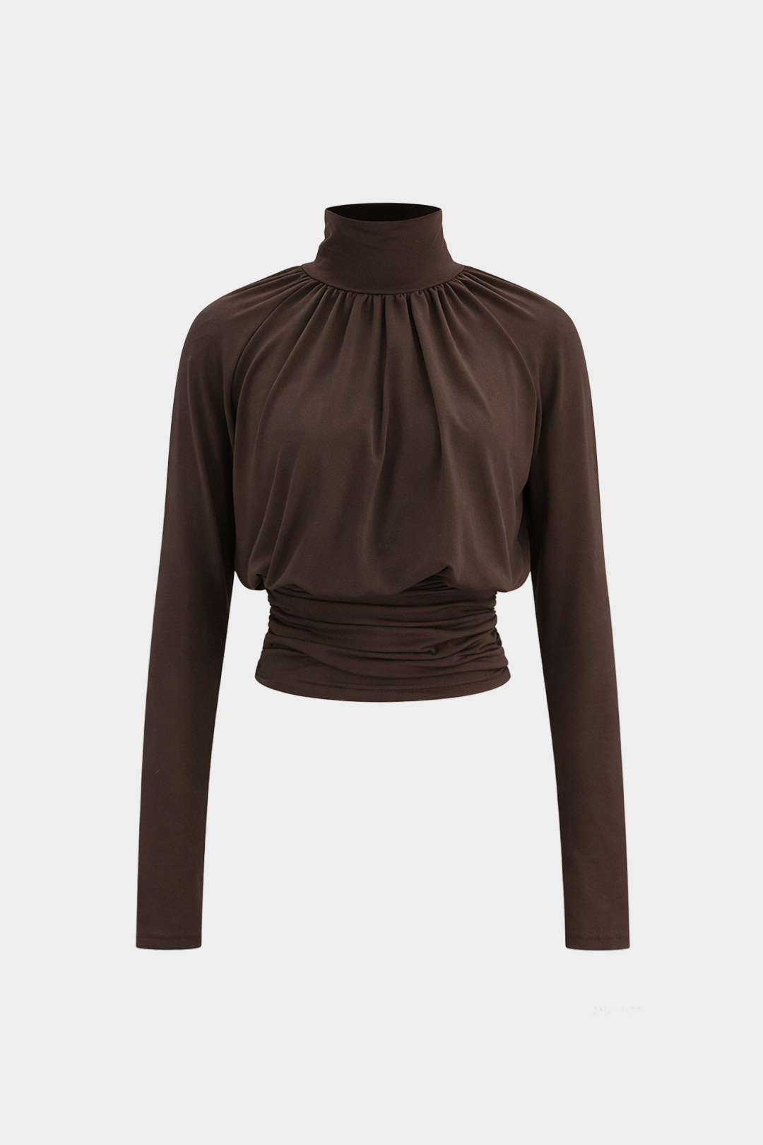 Basic Faux Leather High Collar Wrinkled Long Sleeve T-Shirt
