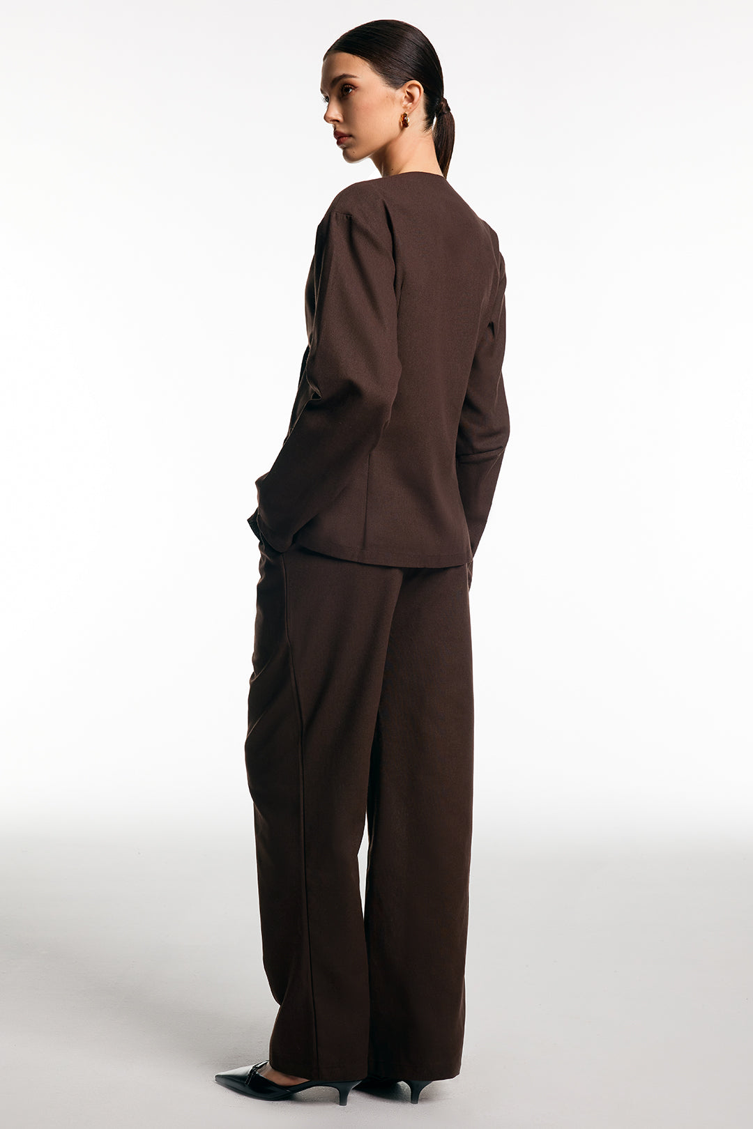 Solid One Button Blazer And Wide Leg Trousers Set