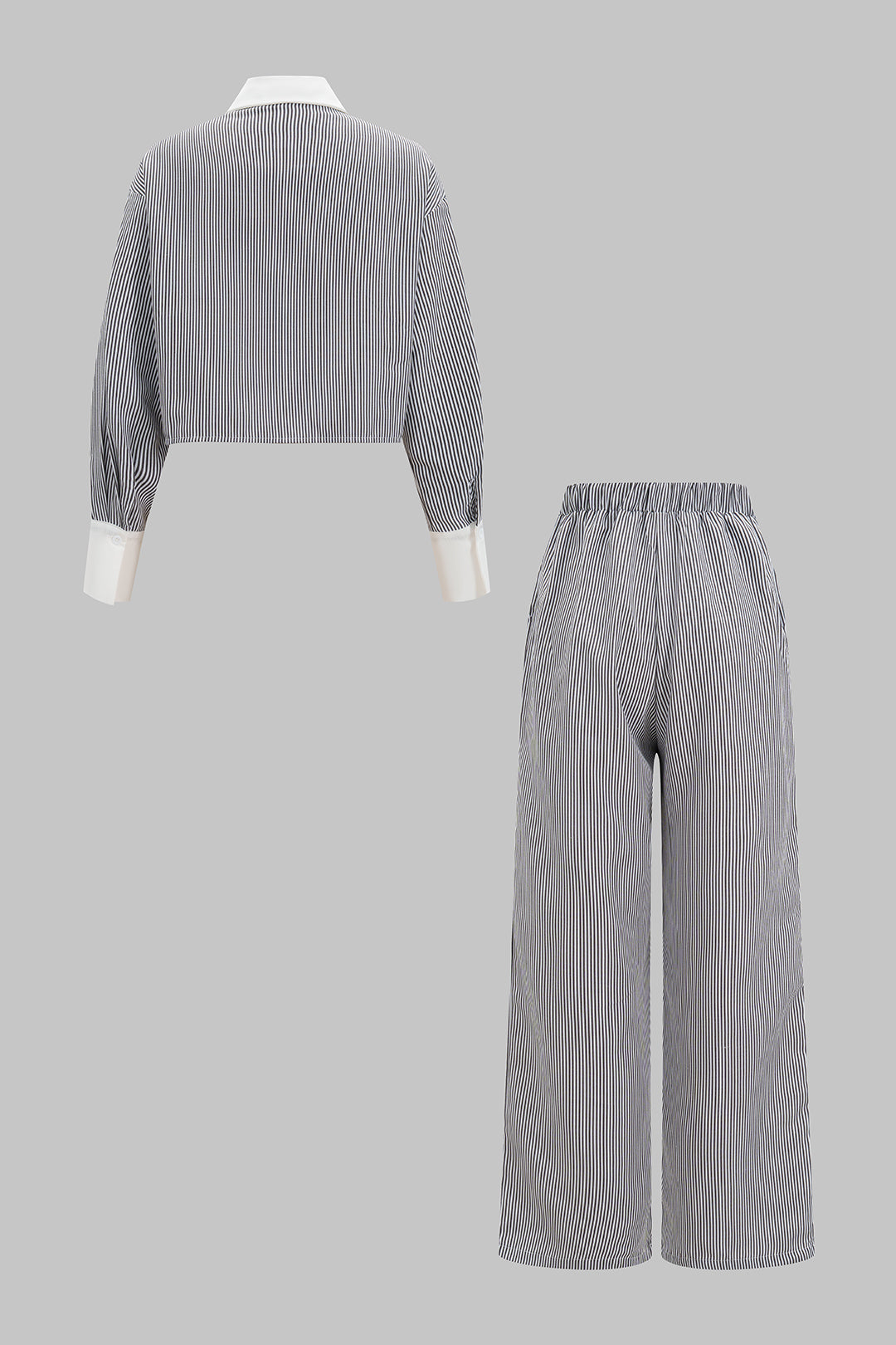 Contrast Striped Lapel Long Sleeve Shirt And Wide Leg Pants Set