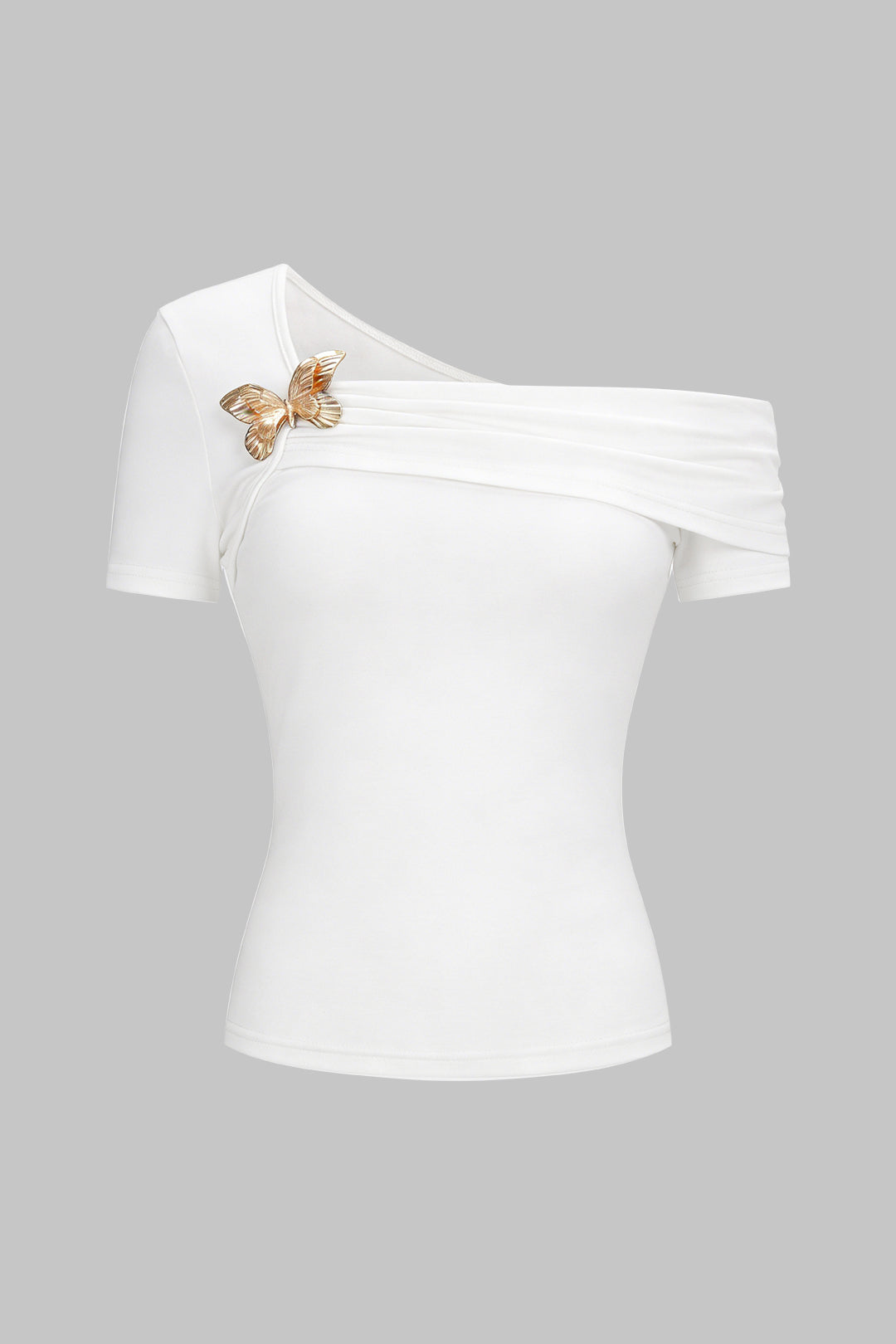 Metallic Decor One Shoulder Asymmetrical Short Sleeve T-Shirt